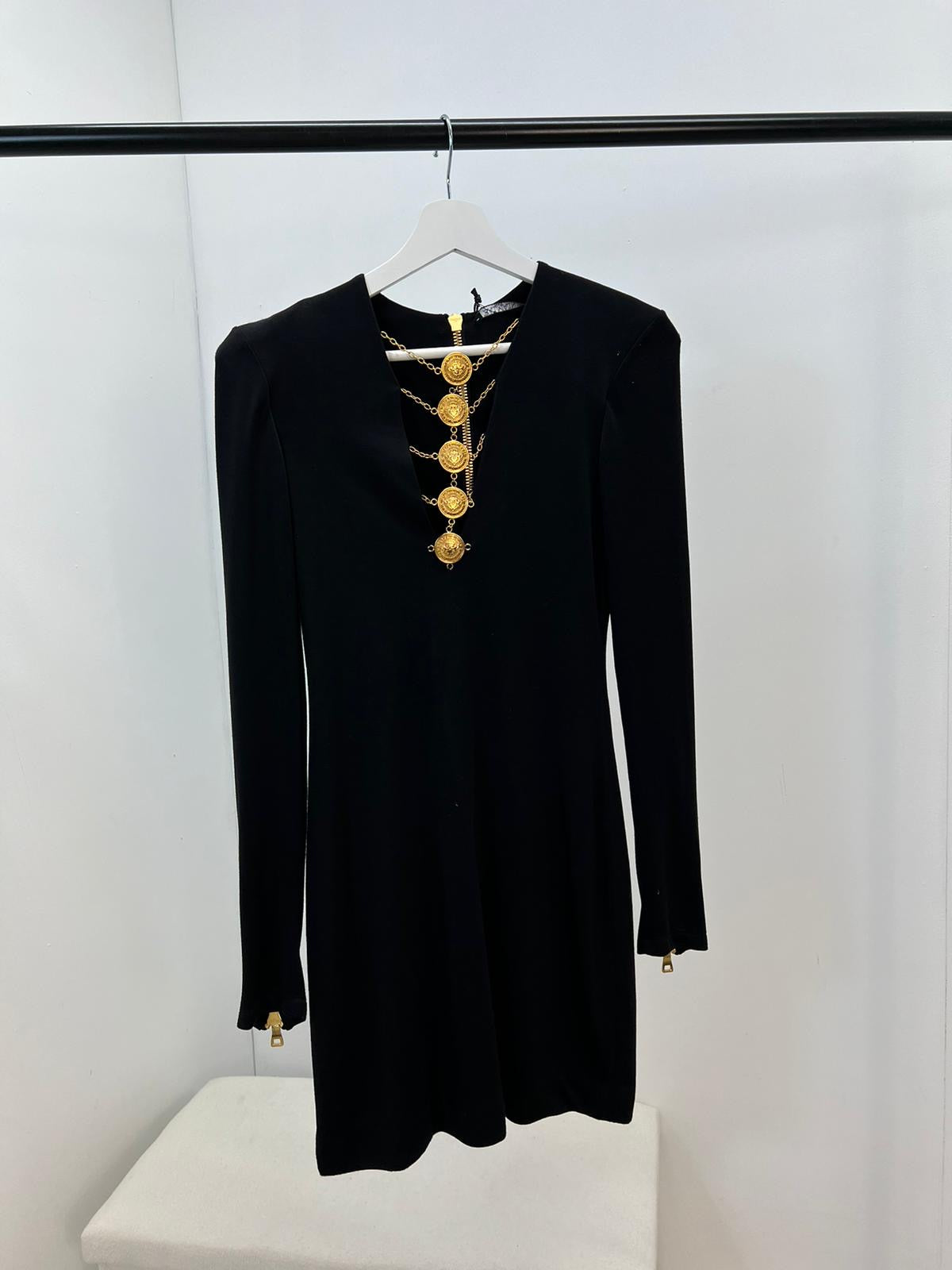 Balmain Black & Gold Detail Low Cut Long Sleeve Dress, Brand New In Tags - UK 8