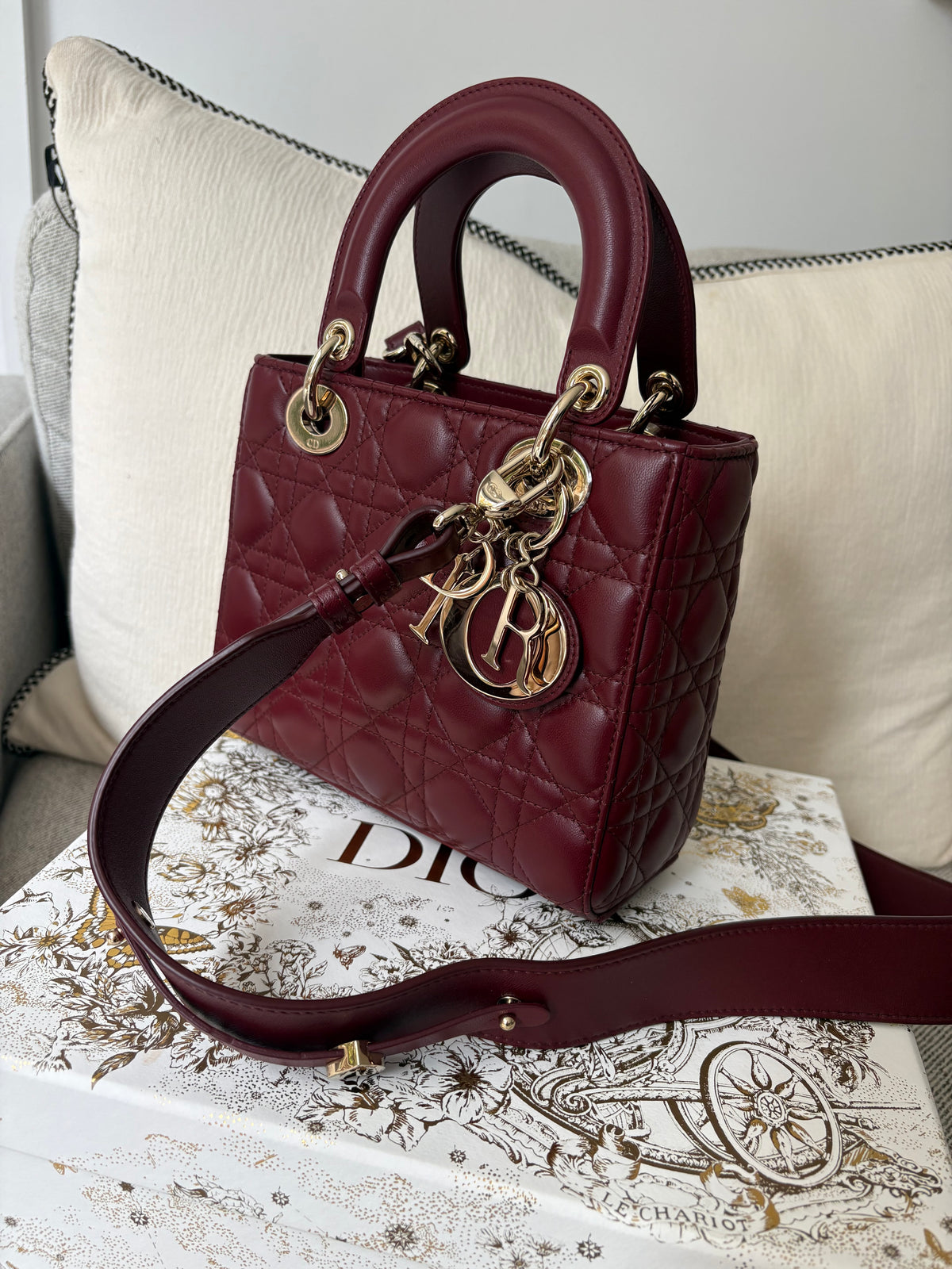 Dior Small Lady Dior burgundy cannage lambskin bag