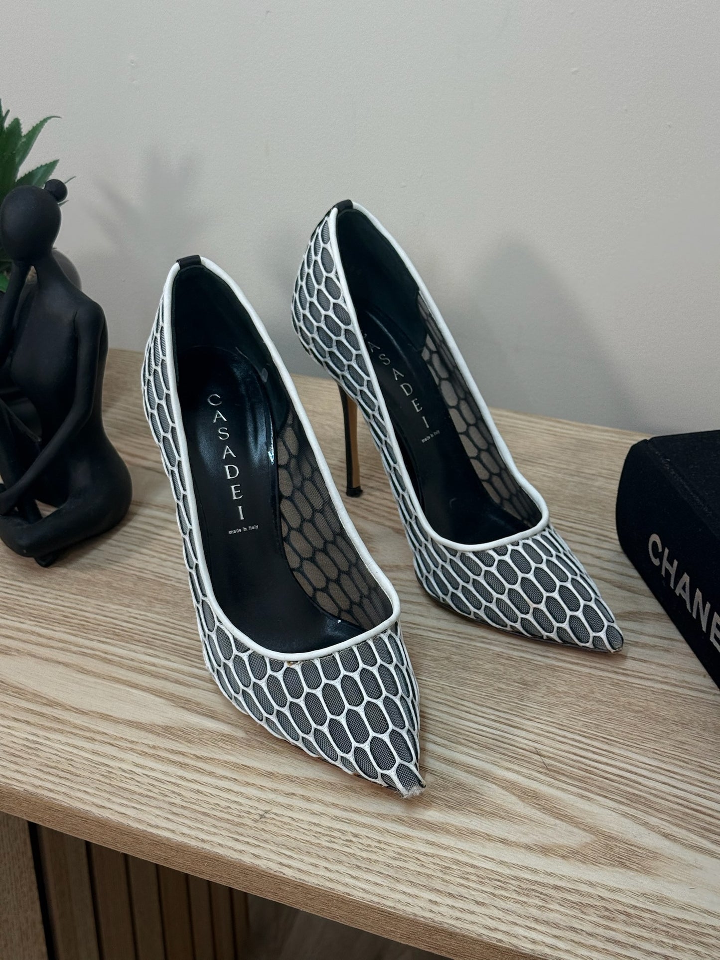 Casadei White And Grey Net Heels - UK 4