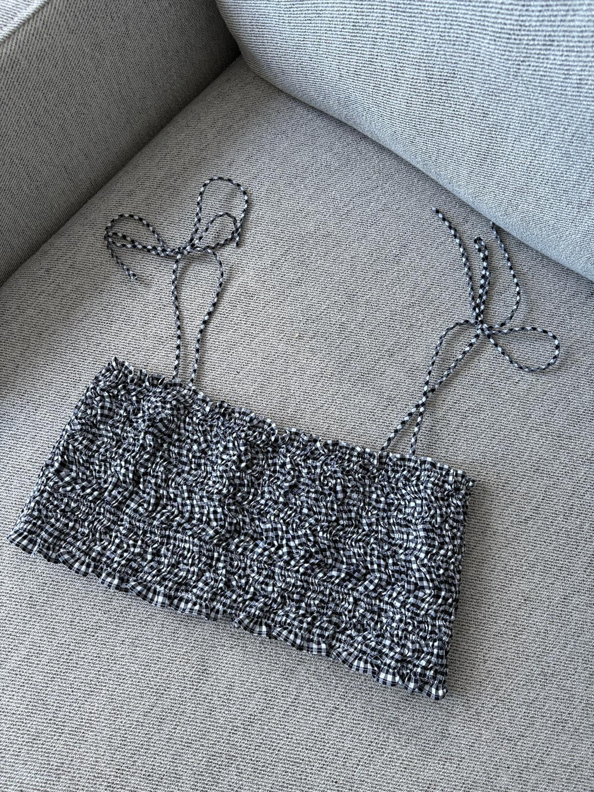 Miu Miu Black & White Shirred Gingham Spaghetti Strap Crop Top - 40/medium