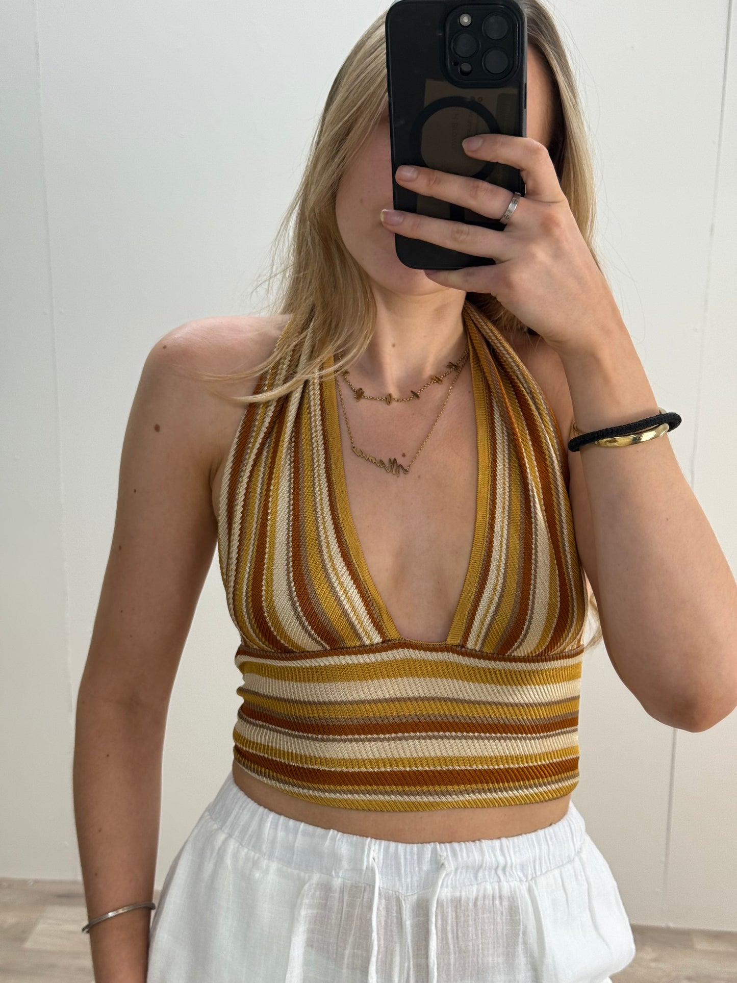 KUKHAREVA Brown Stripe Tie Neck Top , XS