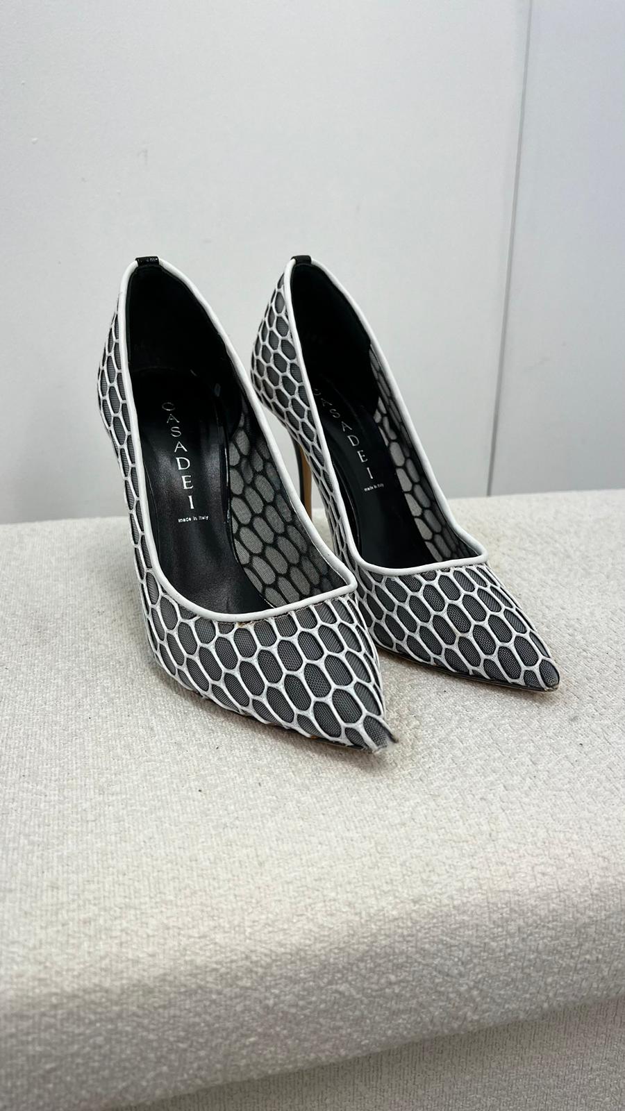 Casadei White And Grey Net Heels - UK 4