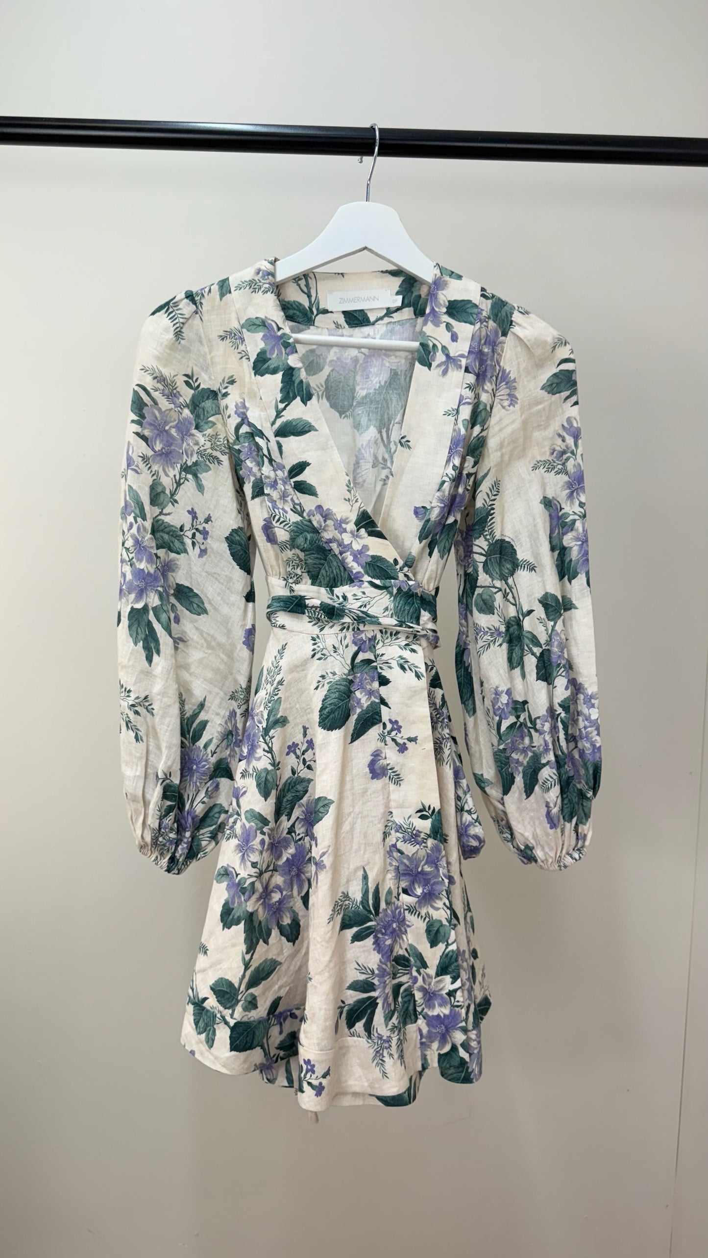 Zimmermann Cassia Floral-Print Linen Purple Green Floral Mini Dress -0