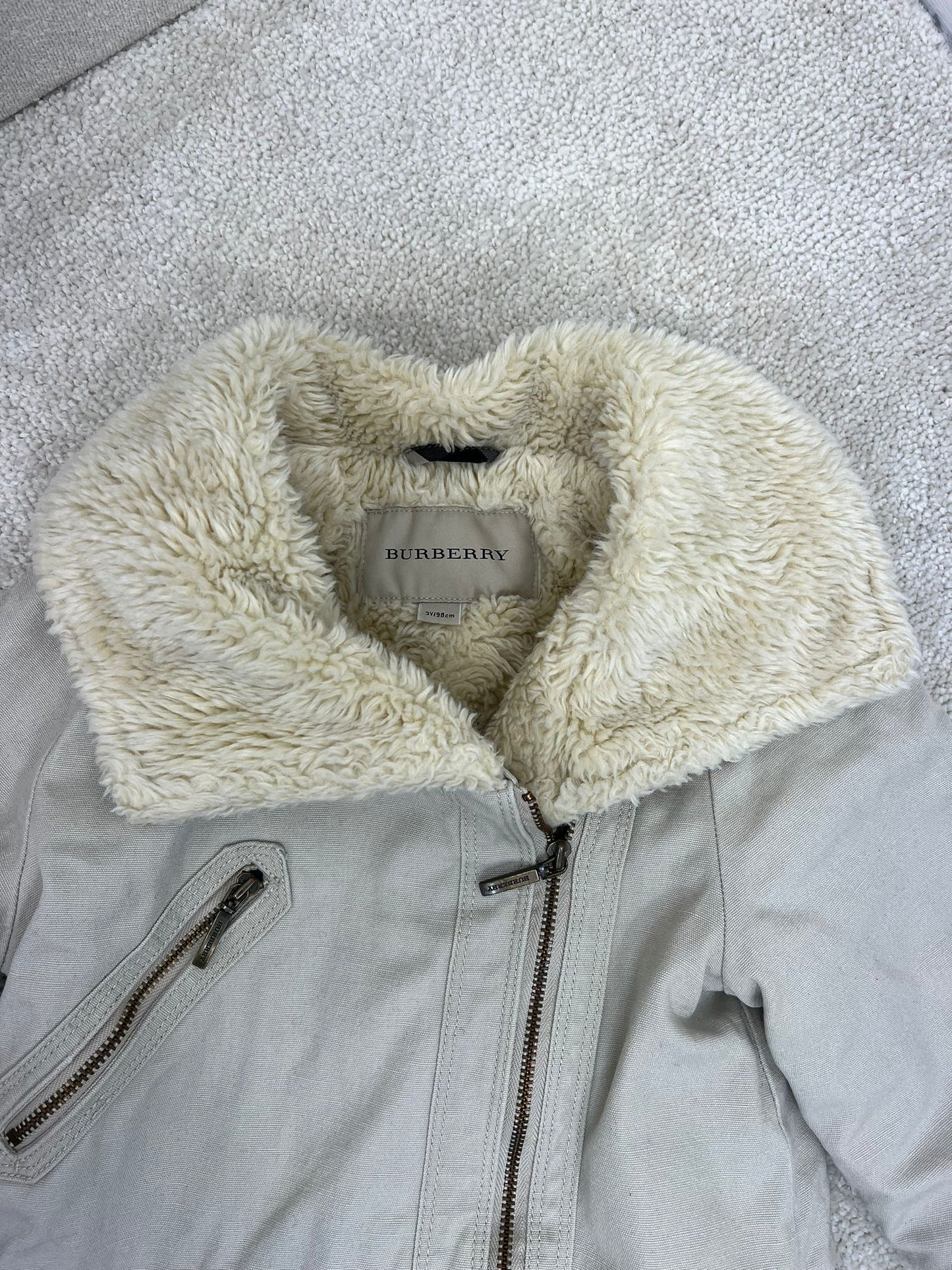 Kids Burberry Cream Zip Up With Belt Furr Coat - Age 3