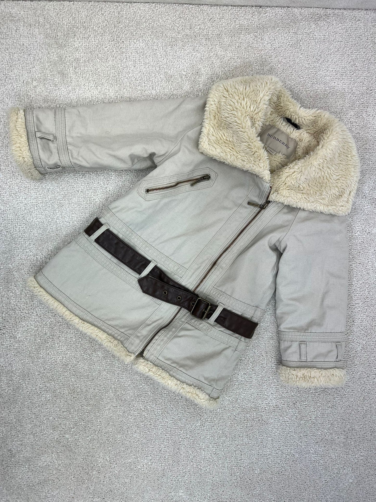 Kids Burberry Cream Zip Up With Belt Furr Coat - Age 3