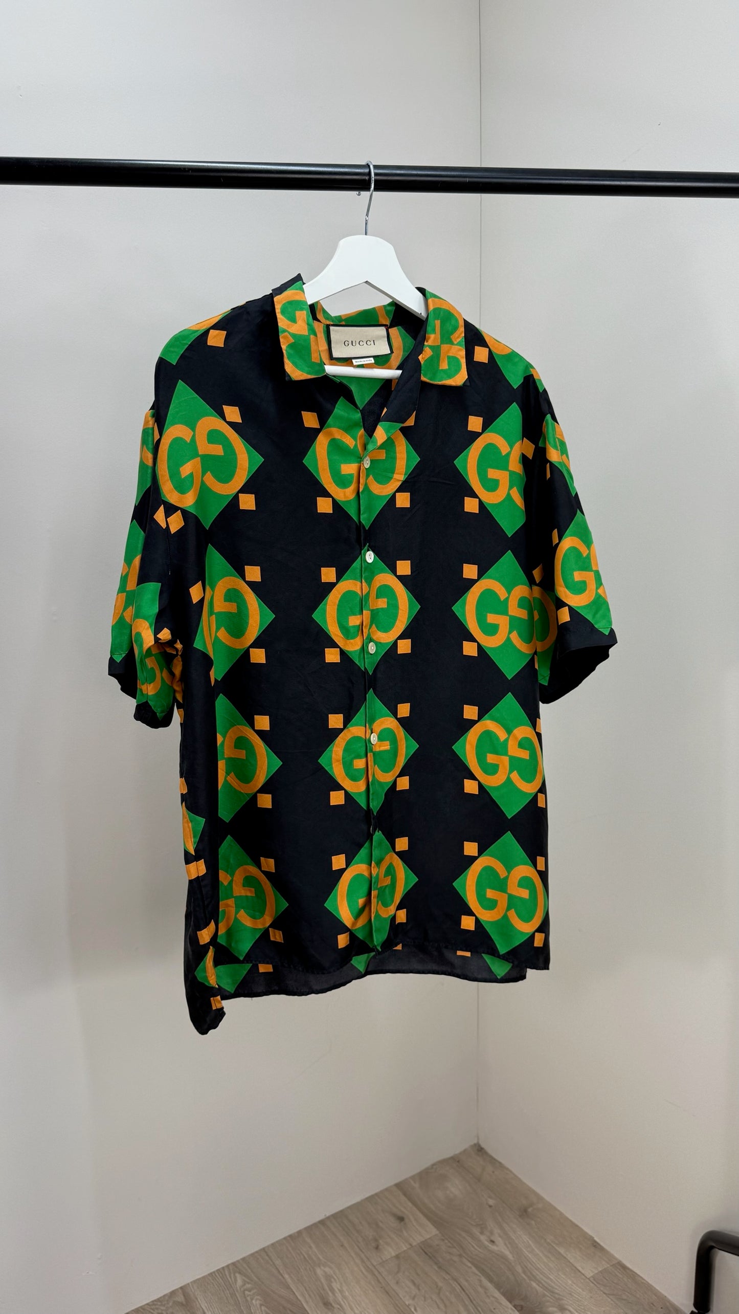 Gucci Black Green Gold GG Silk Shirt - 50
