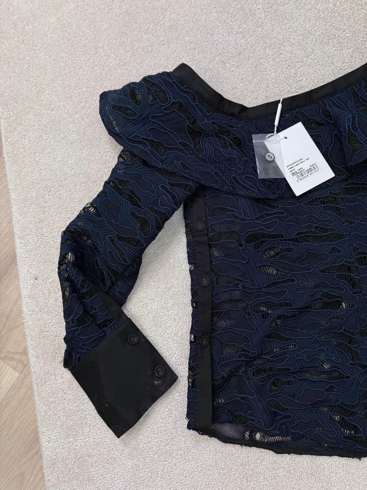 Self Portrait Navy Black Lace Camo Frill Top New In Tags - UK 10