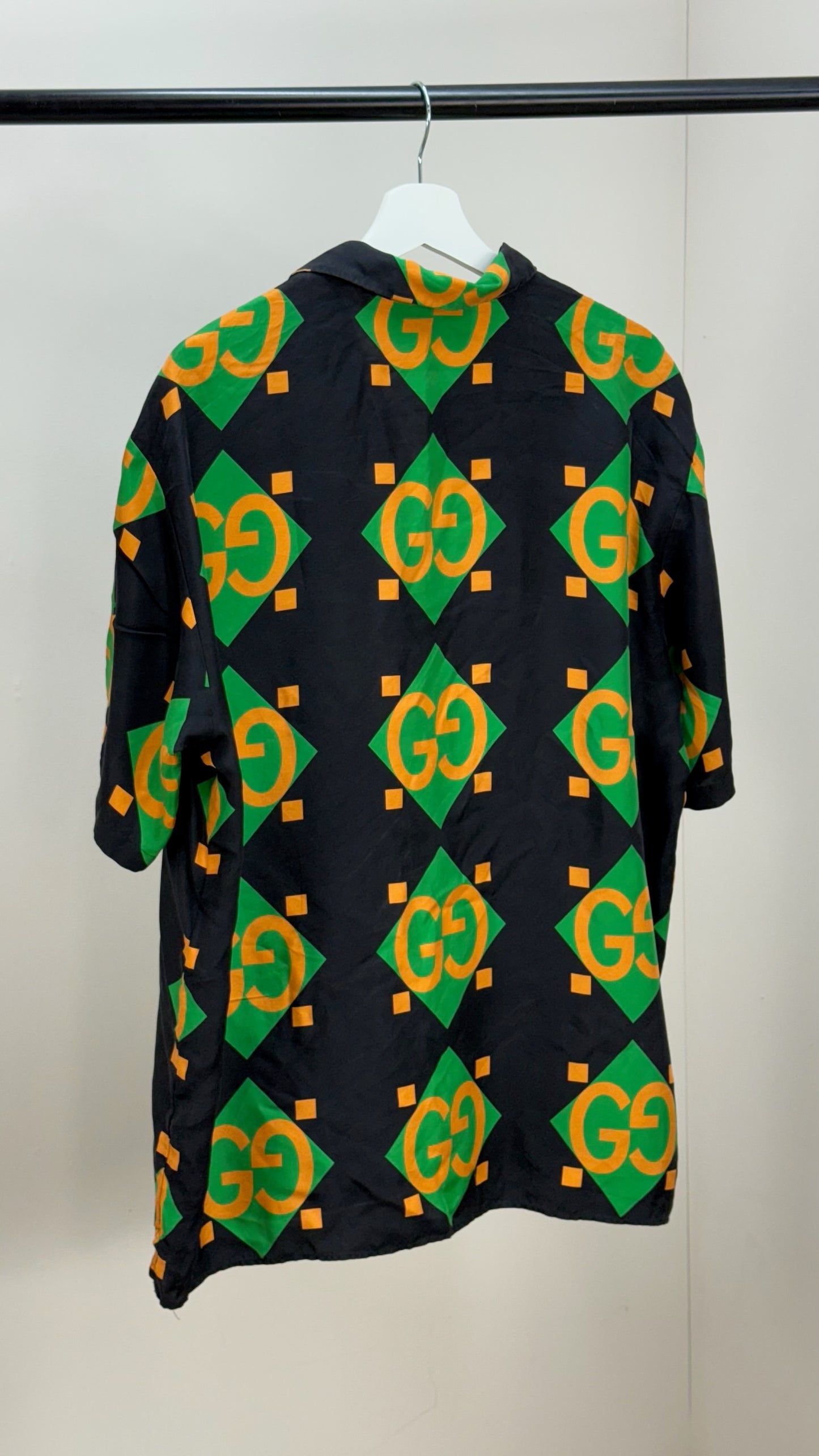 Gucci Black Green Gold GG Silk Shirt - 50