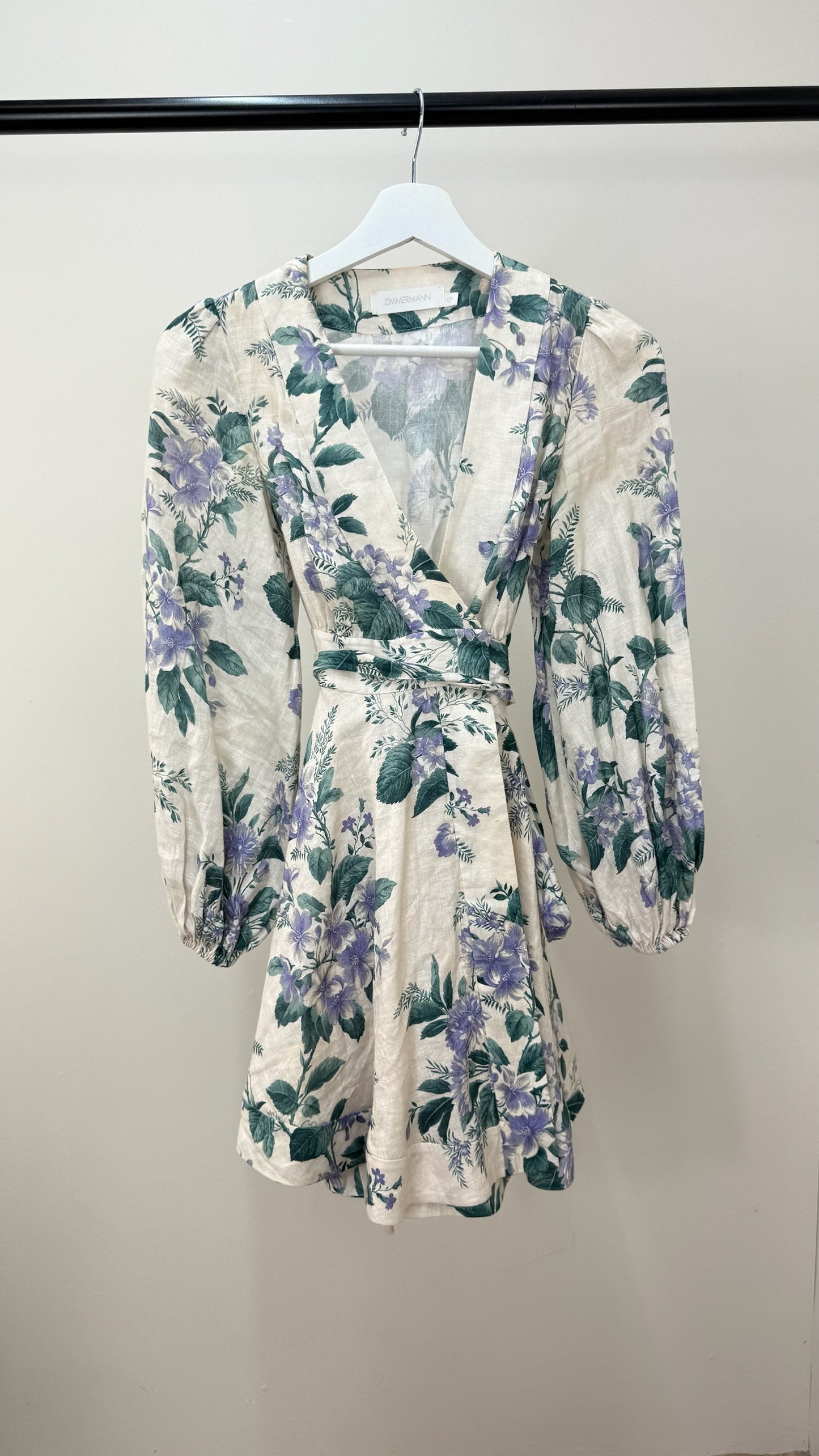 Zimmermann Cassia Floral-Print Linen Purple Green Floral Mini Dress -0