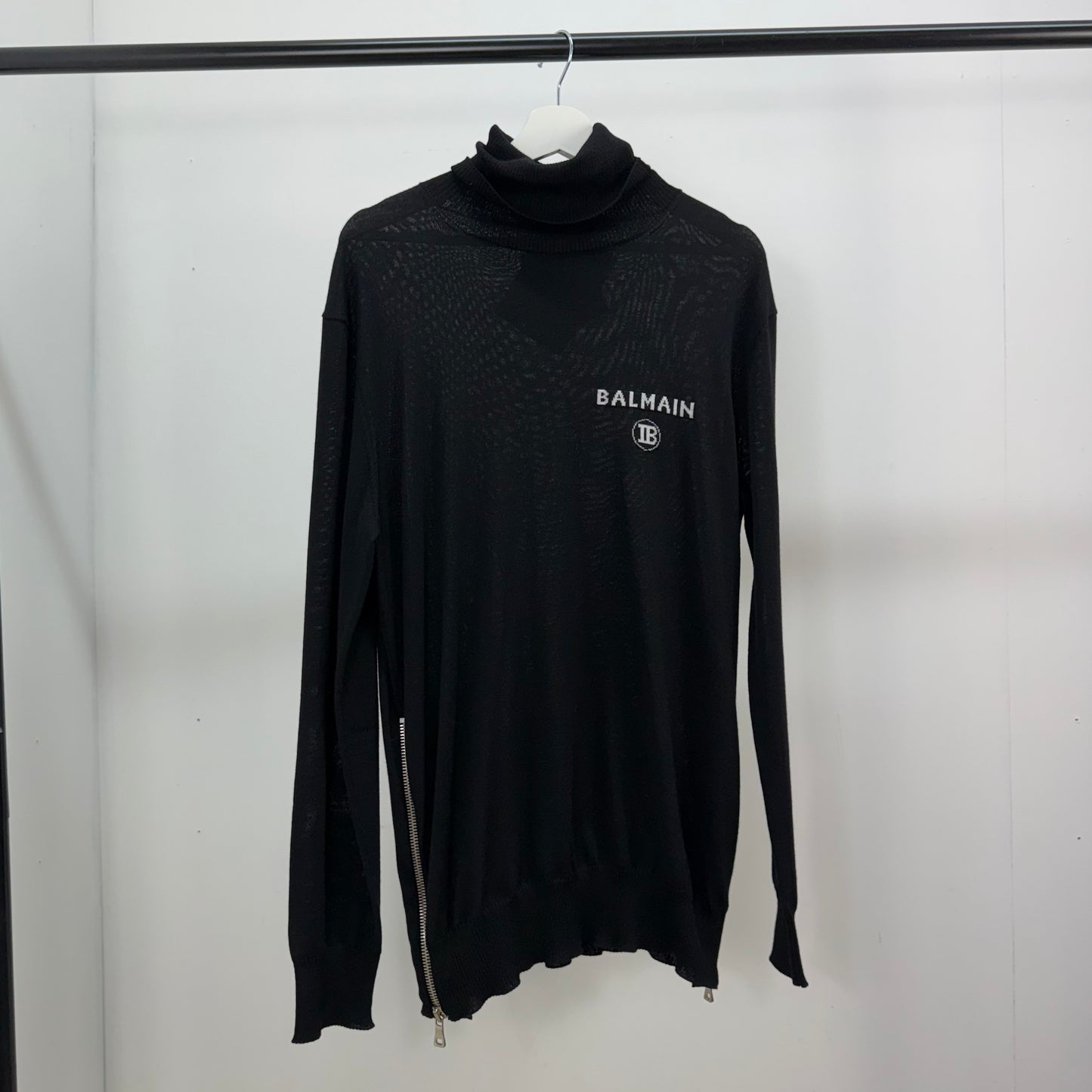 Balmain Black Logo Turtle Neck, Side Zip Up Jumper- Brand New In Tags, Medium