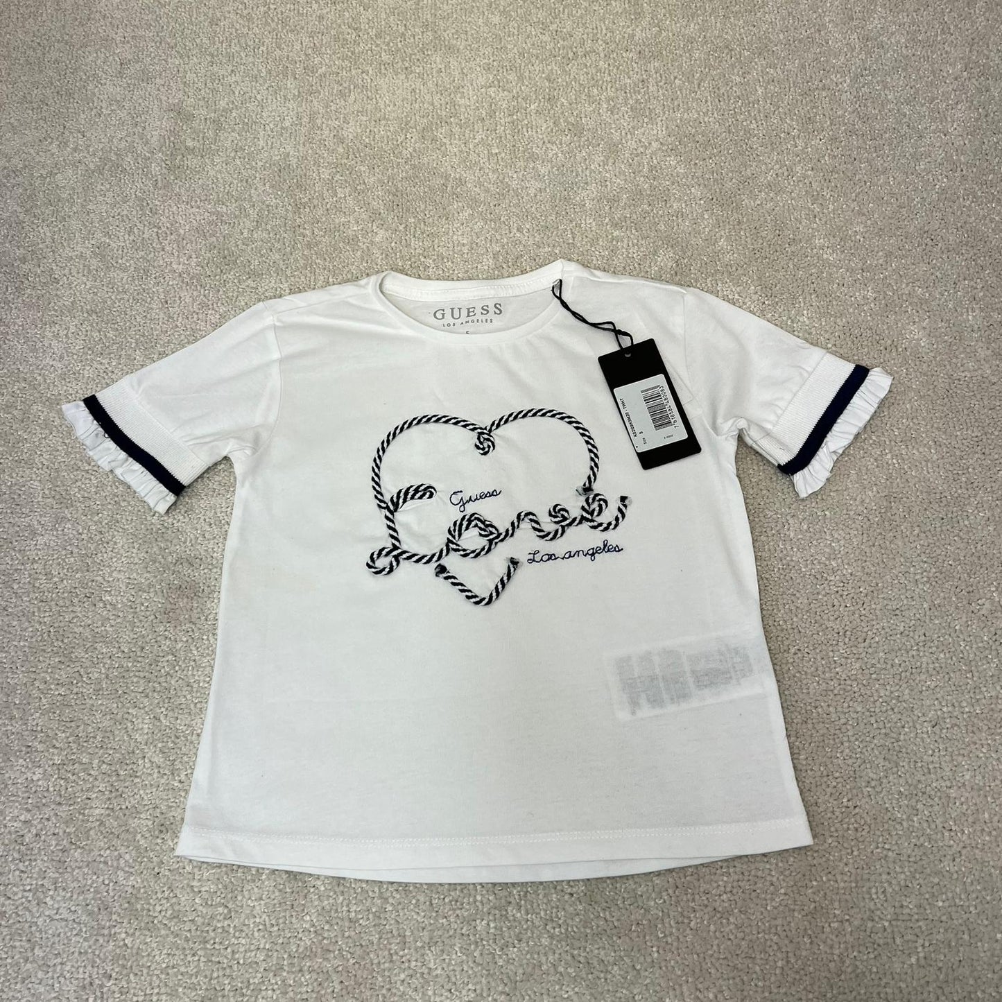 Kids Guess White Black Logo Heart T-Shirt, In Tag - Age 5