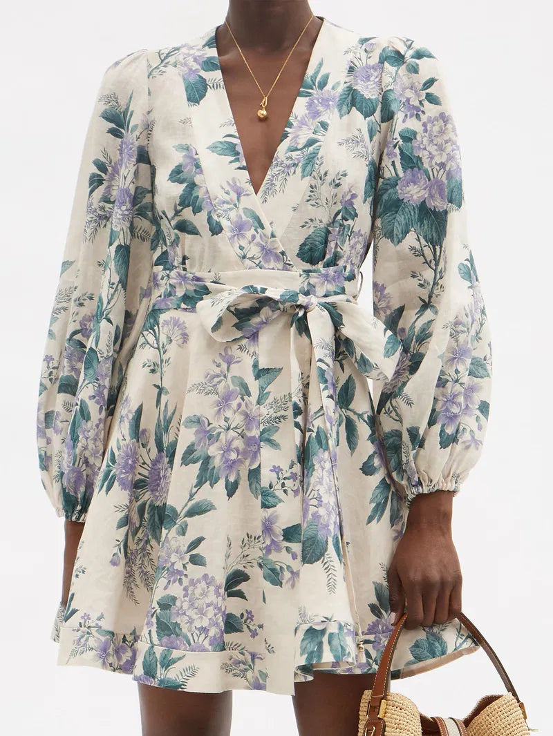 Zimmermann Cassia Floral-Print Linen Purple Green Floral Mini Dress -0