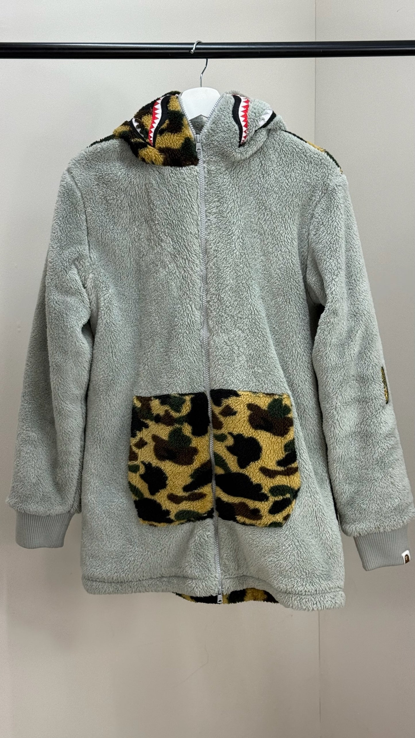 Bape Grey Zip Up Camo Boa Shark Fleece Jacket - Large