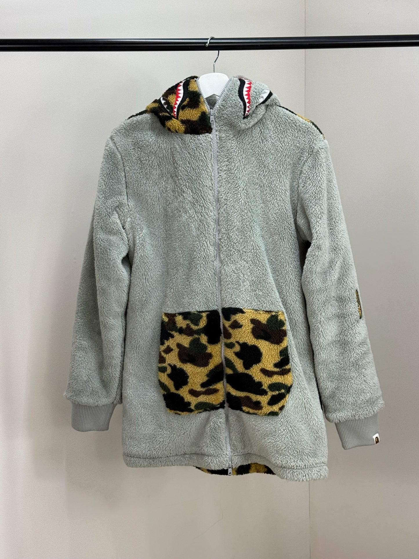 Bape Grey Zip Up Camo Boa Shark Fleece Jacket - Large