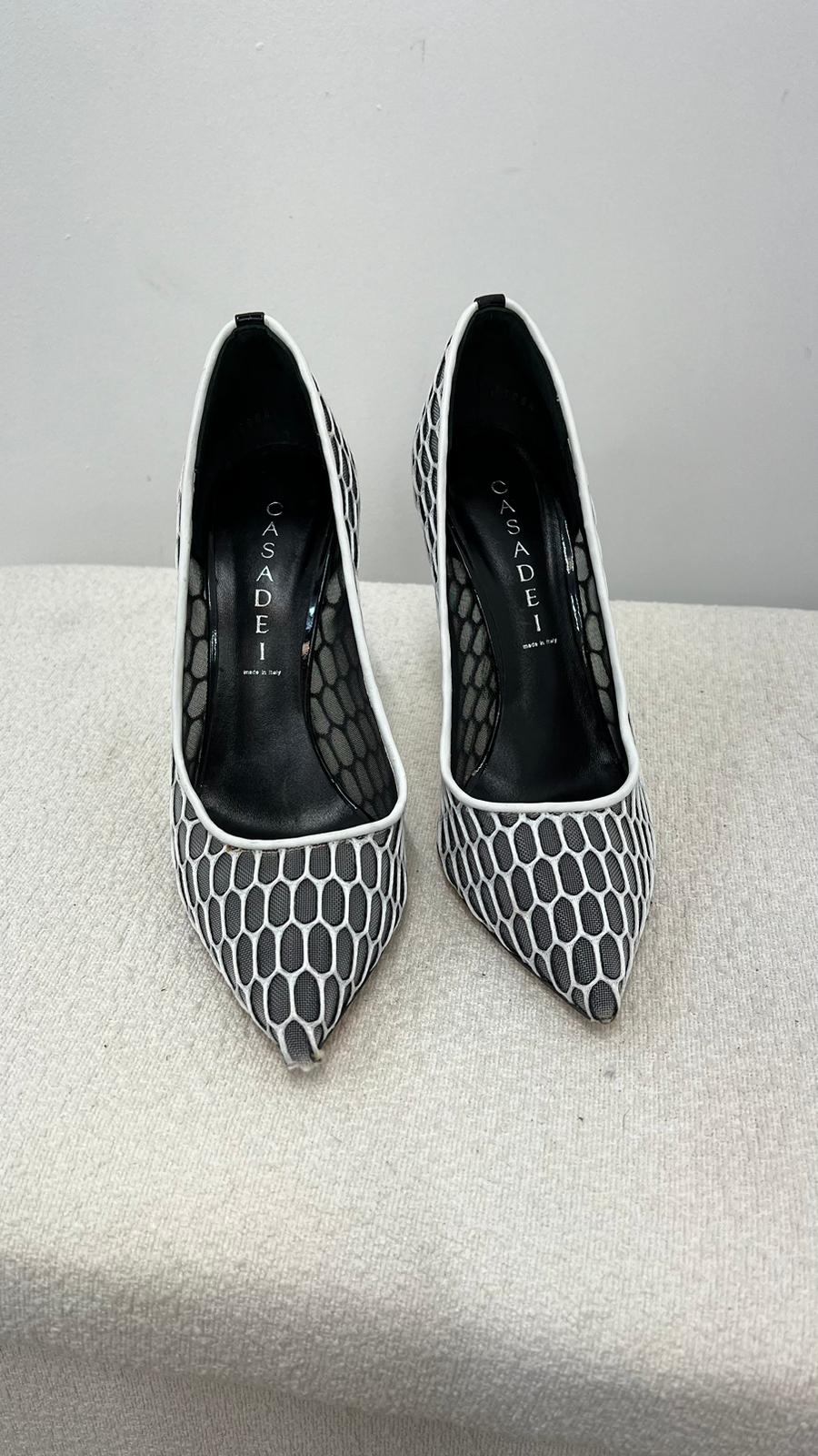 Casadei White And Grey Net Heels - UK 4