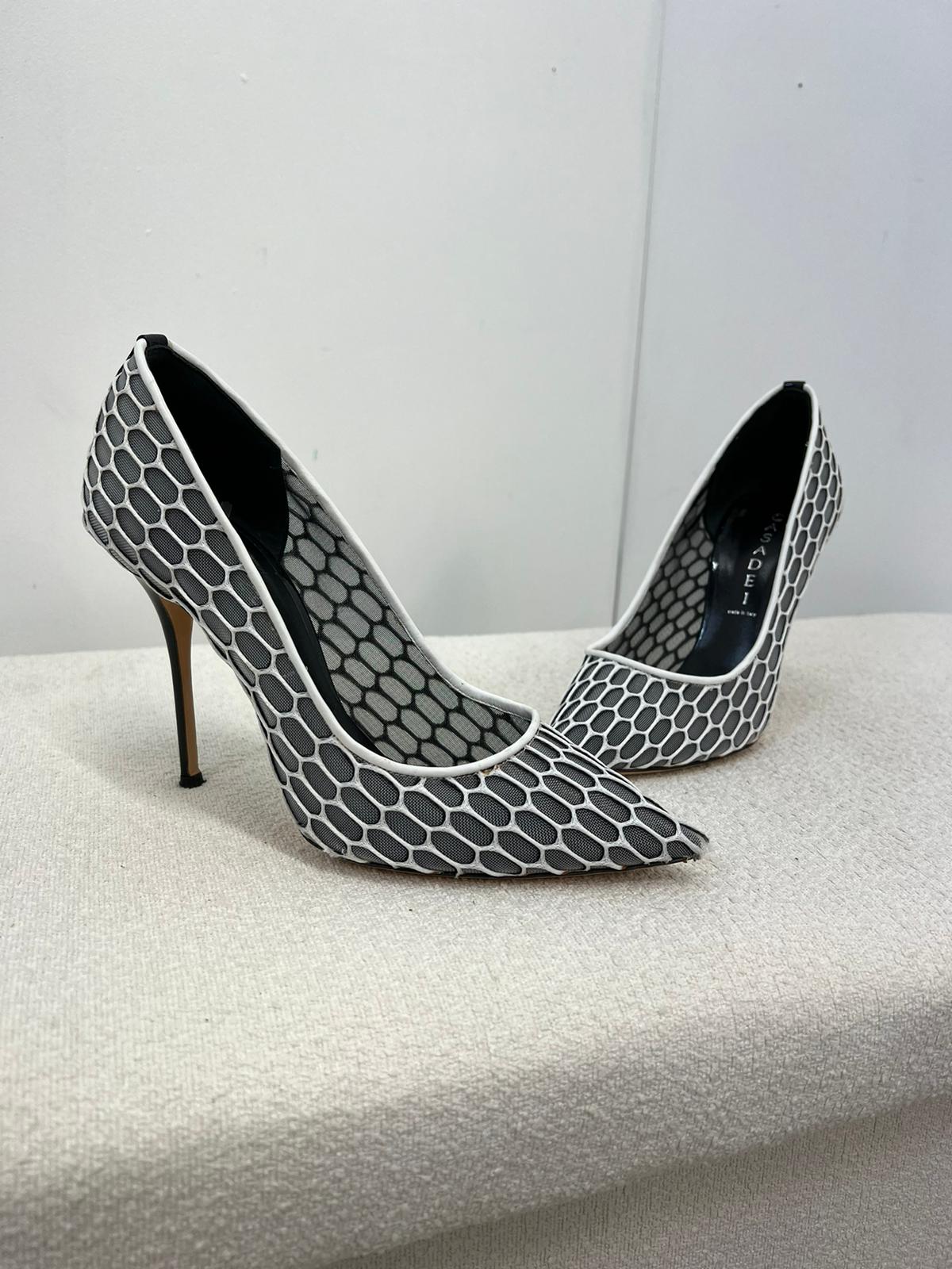 Casadei White And Grey Net Heels - UK 4