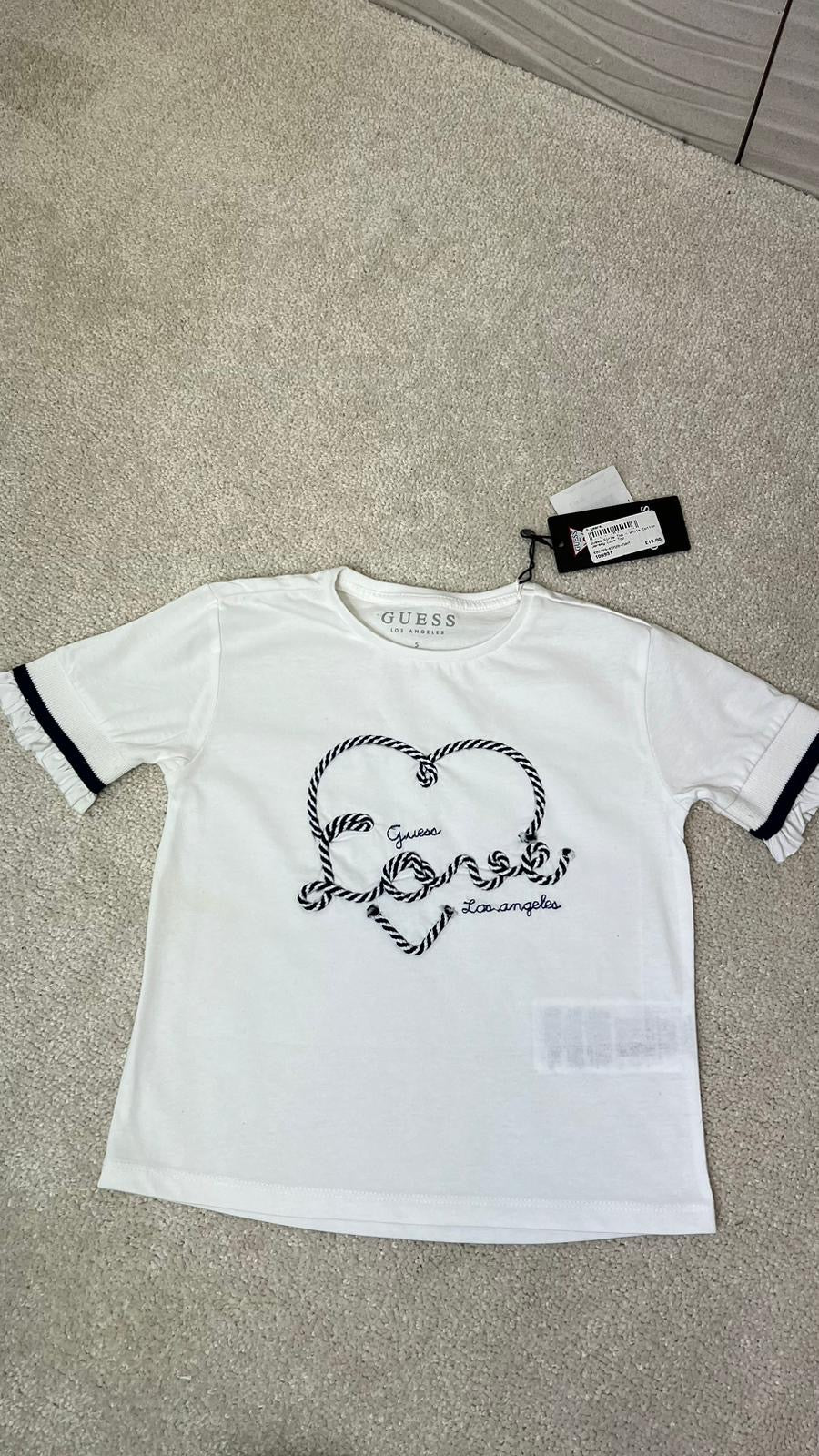 Kids Guess White Black Logo Heart T-Shirt, In Tag - Age 5