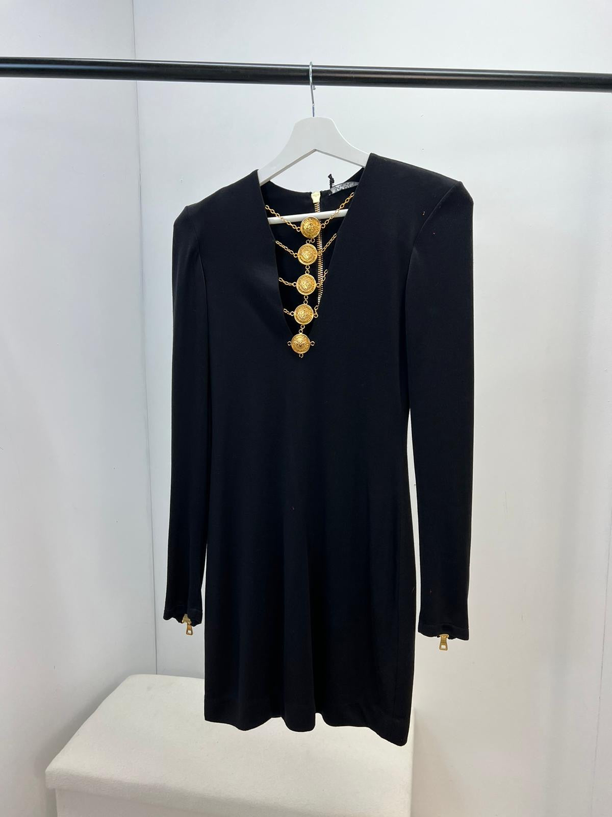 Balmain Black & Gold Detail Low Cut Long Sleeve Dress, Brand New In Tags - UK 8