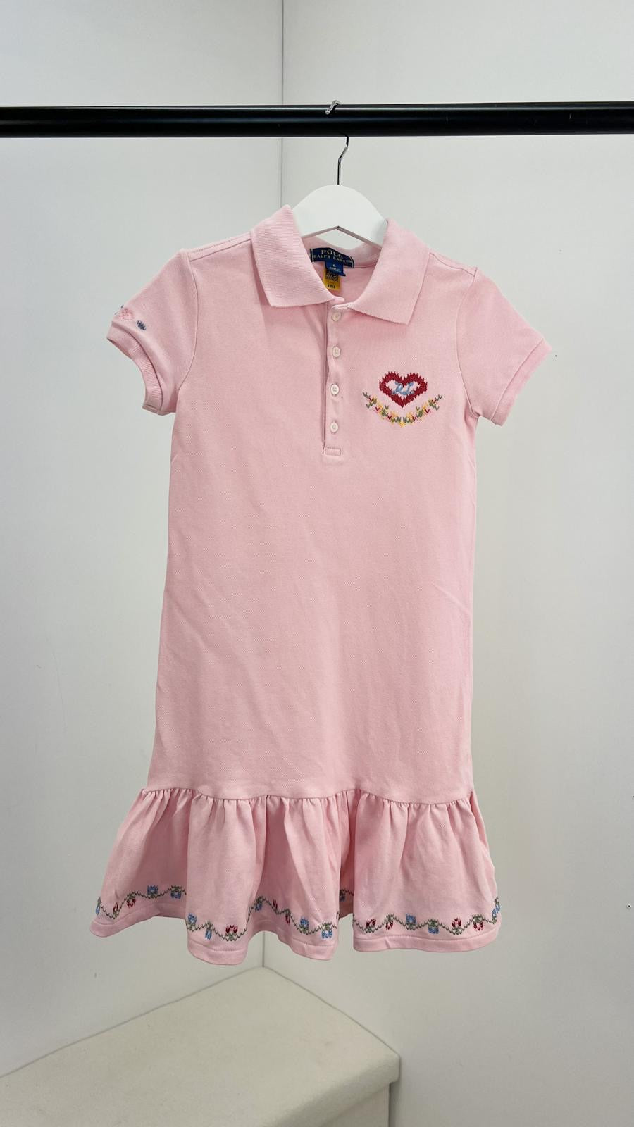 Kids Ralph Lauren Girls Pink Polo Frill Trim Heart Logo Dress - Age 6