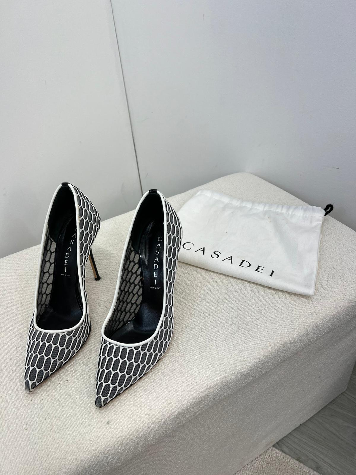 Casadei White And Grey Net Heels - UK 4