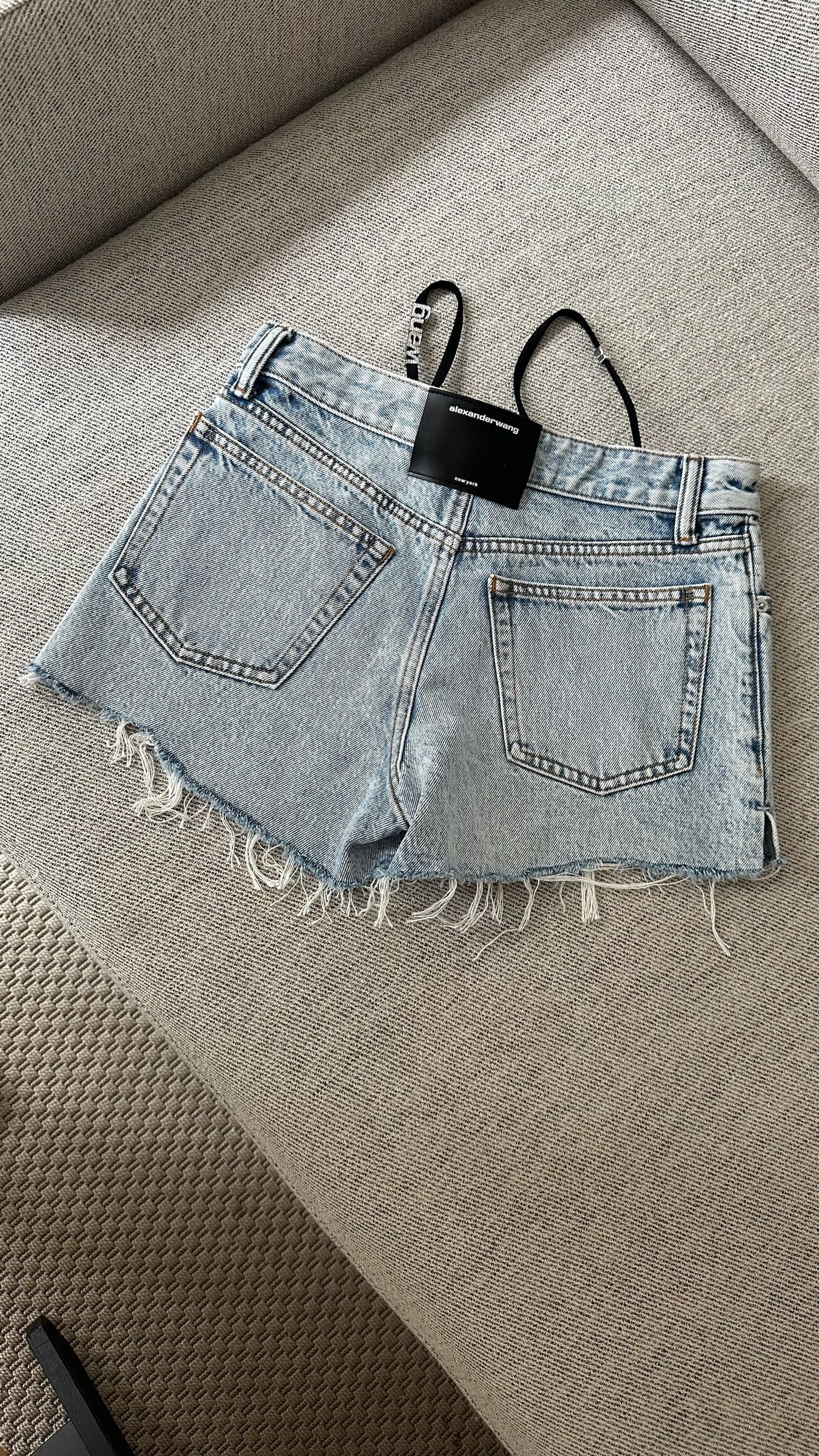 Alexander Wang Blue Denim Thong Diamonte Badge Shorts-Brand New In Tags XXS