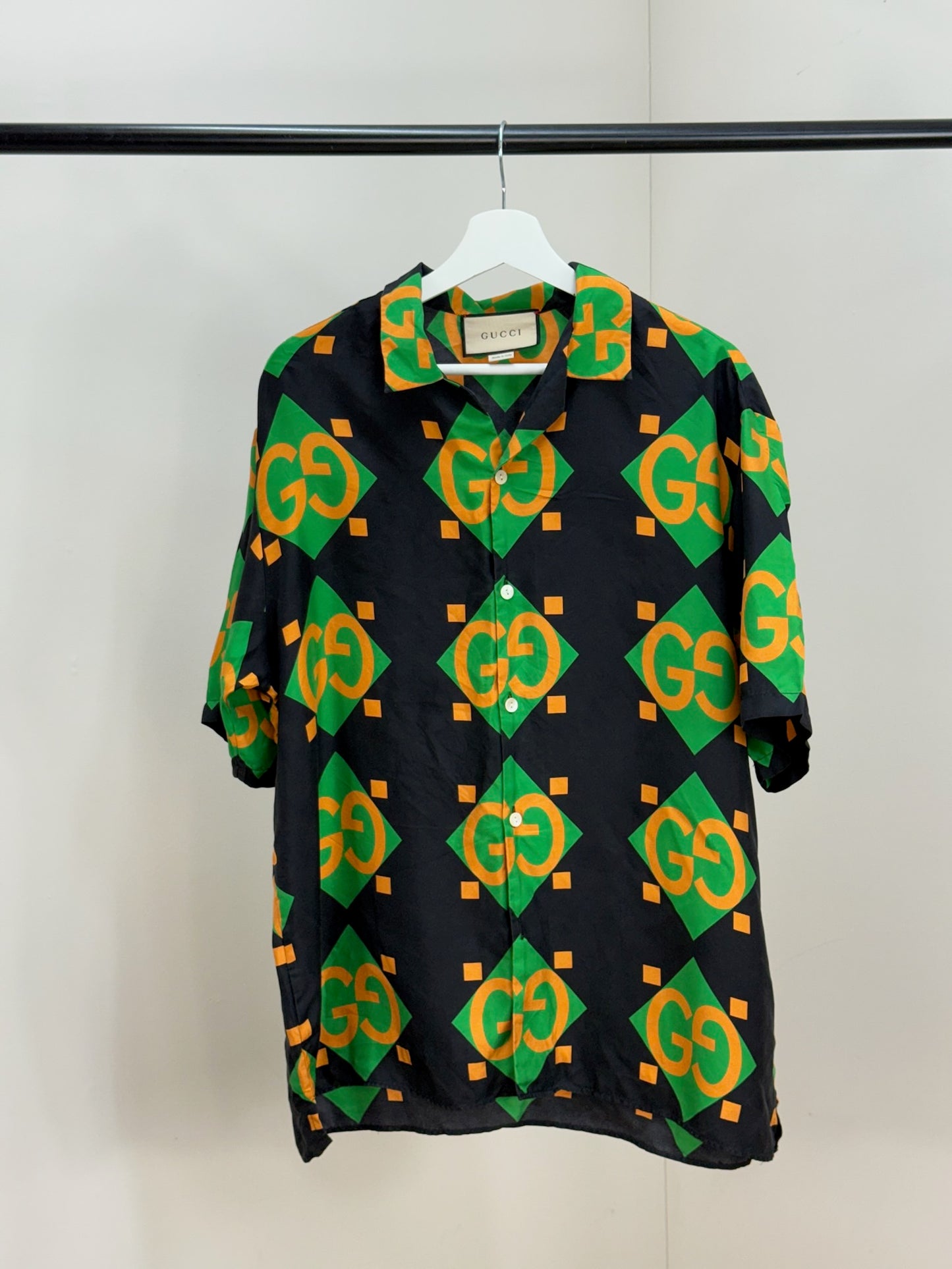 Gucci Black Green Gold GG Silk Shirt - 50