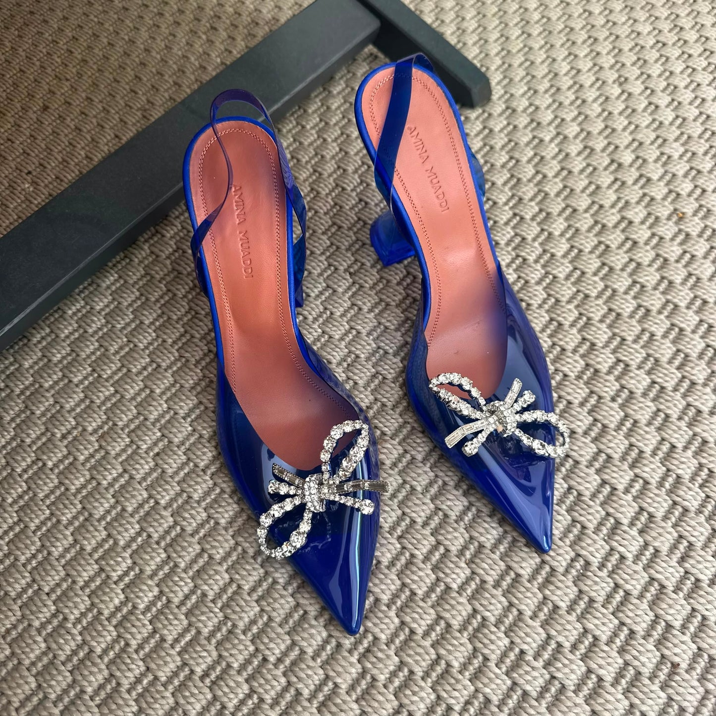 Amina Muaddi Blue PVC Crystal Bow Slingback Heels – EU 36 / UK 3