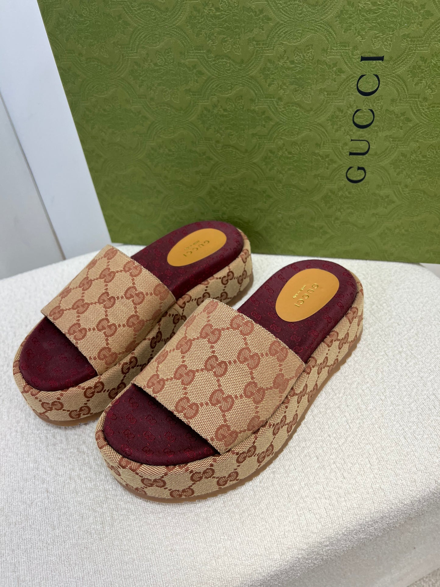 Gucci Platform camel and ebony maxi GG canvas Slide Sandal (Eu 35.5/ UK 2.5) Fits 3