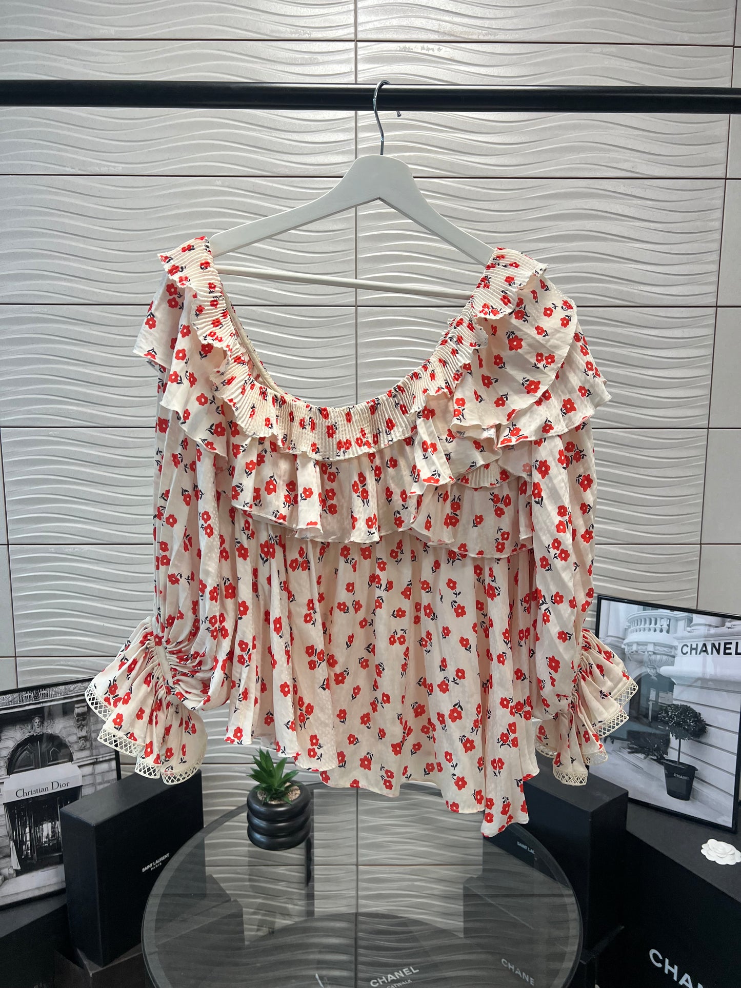 Self Portrait Ditsy Print, Off the Shoulder Floral Top - UK 10