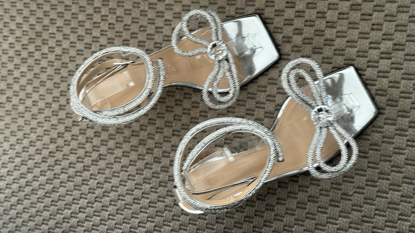 Mach & Mach Silver Sequin Diamanté Bow Heels - UK 6.5 - Suited for UK 4.5