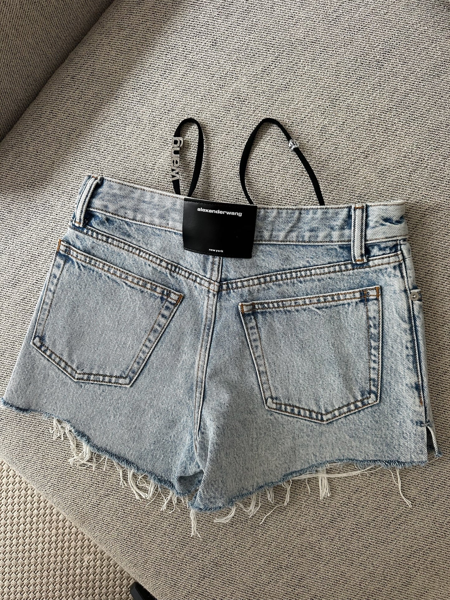 Alexander Wang Blue Denim Thong Diamonte Badge Shorts-Brand New In Tags XXS