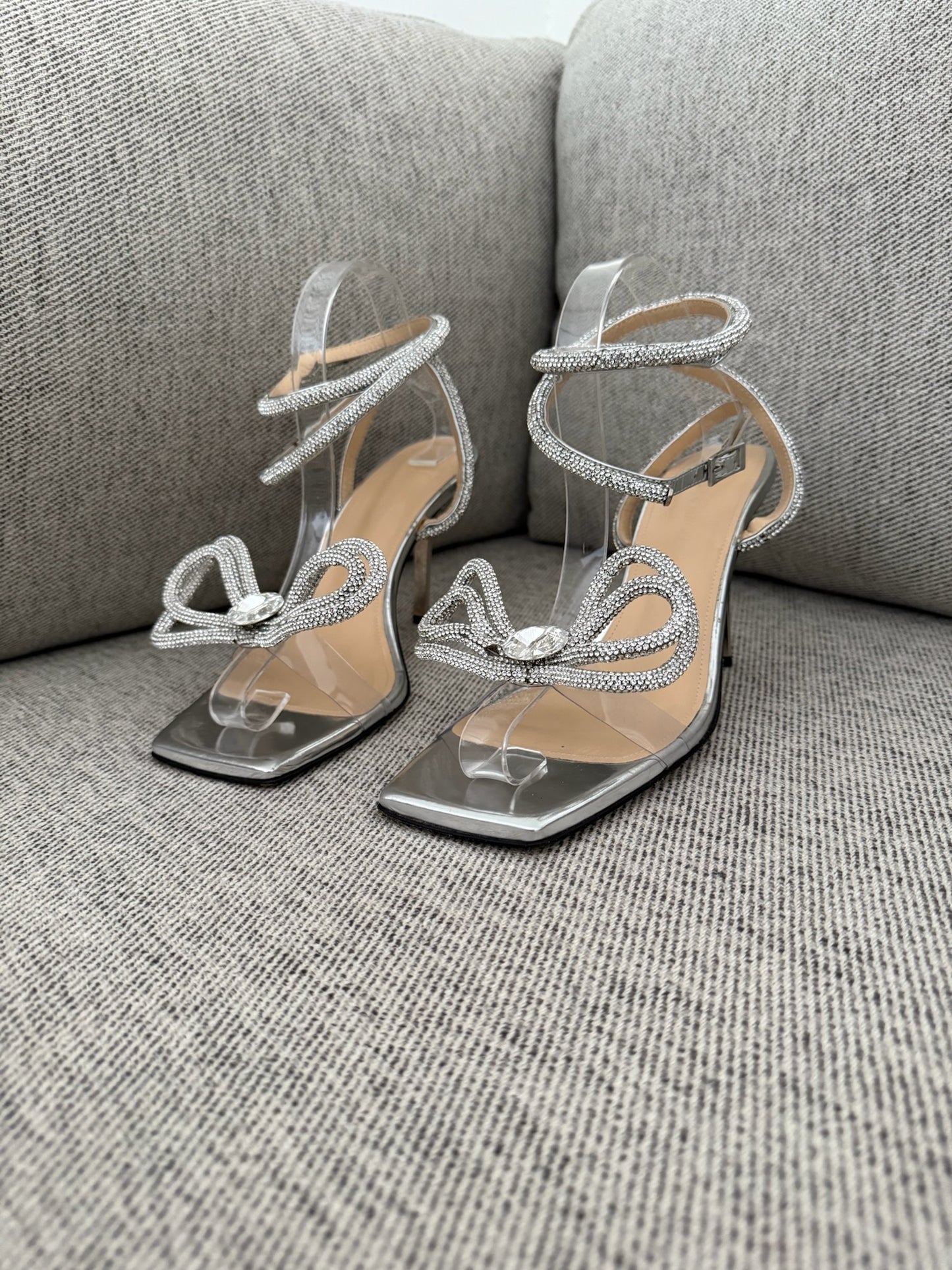 Mach & Mach Silver Sequin Diamanté Bow Heels - UK 6.5 - Suited for UK 4.5