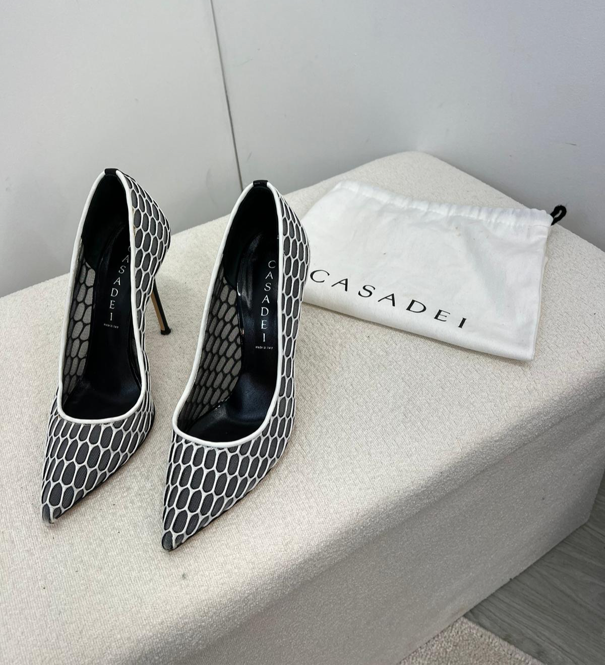 Casadei White And Grey Net Heels - UK 4