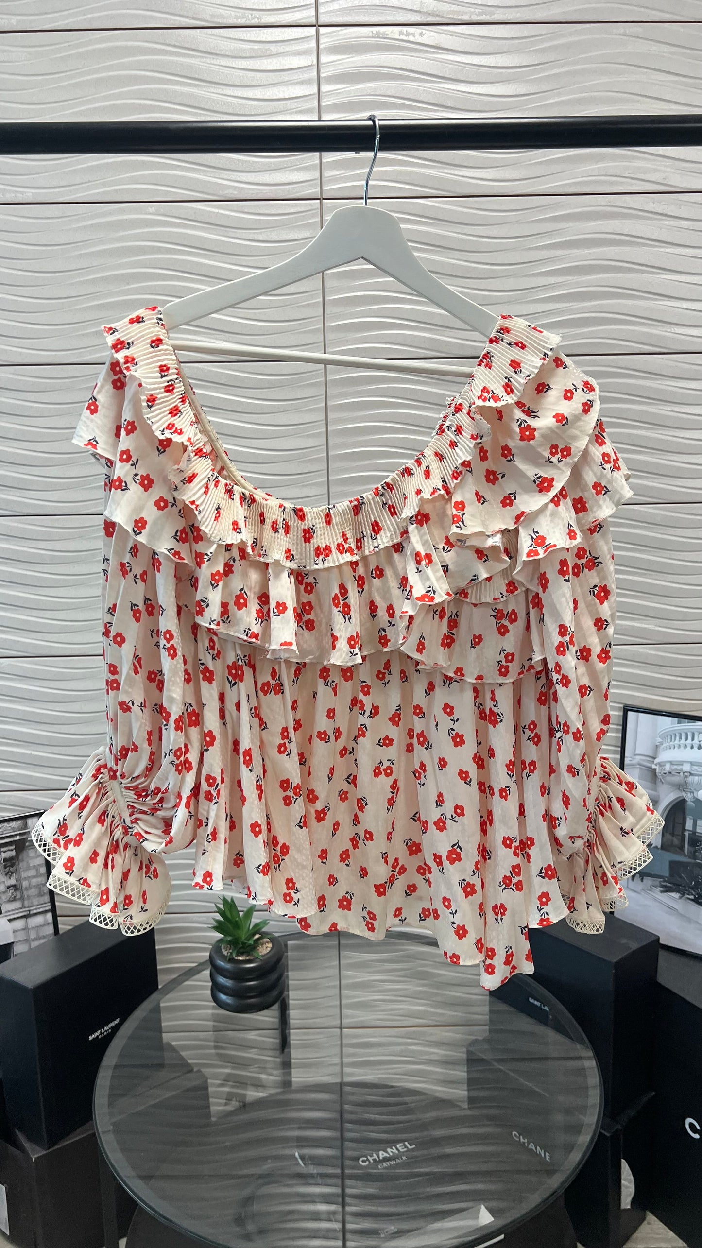 Self Portrait Ditsy Print, Off the Shoulder Floral Top - UK 10