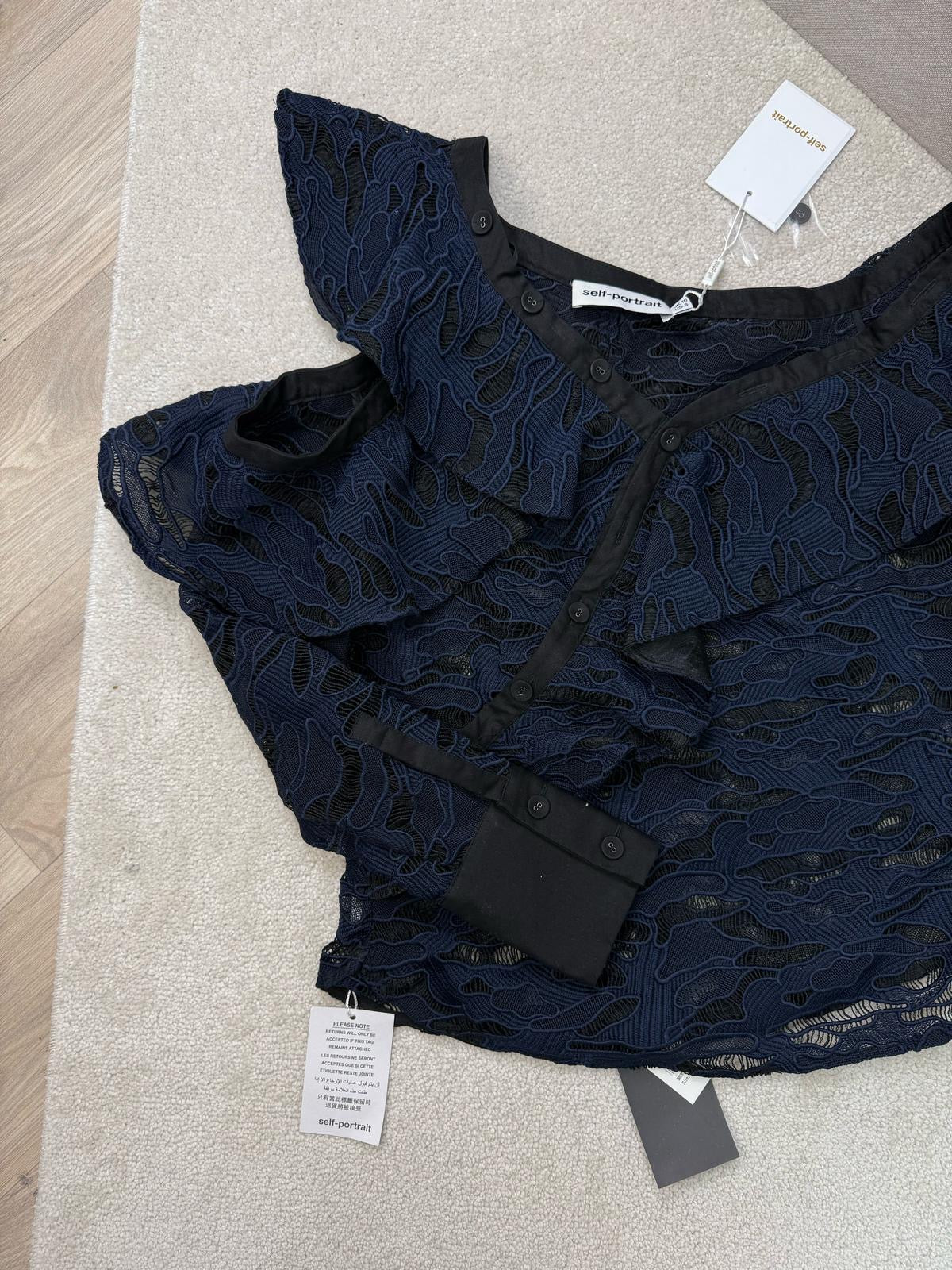 Self Portrait Navy Black Lace Camo Frill Top New In Tags - UK 10