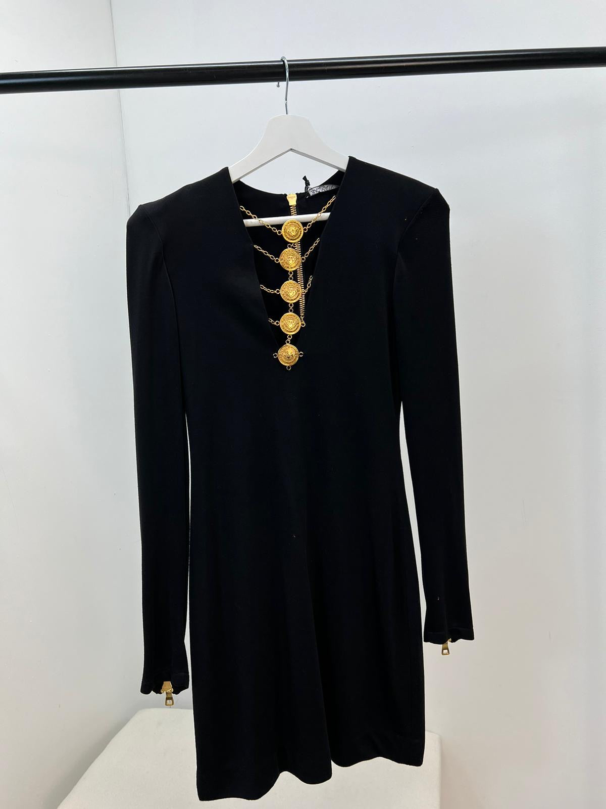 Balmain Black & Gold Detail Low Cut Long Sleeve Dress, Brand New In Tags - UK 8