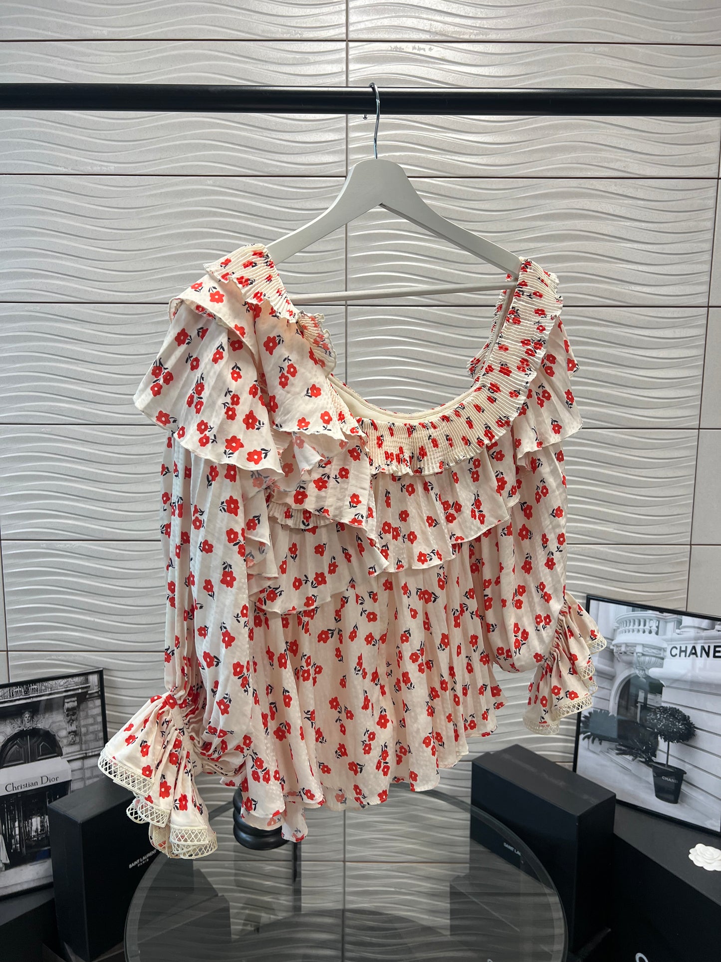 Self Portrait Ditsy Print, Off the Shoulder Floral Top - UK 10