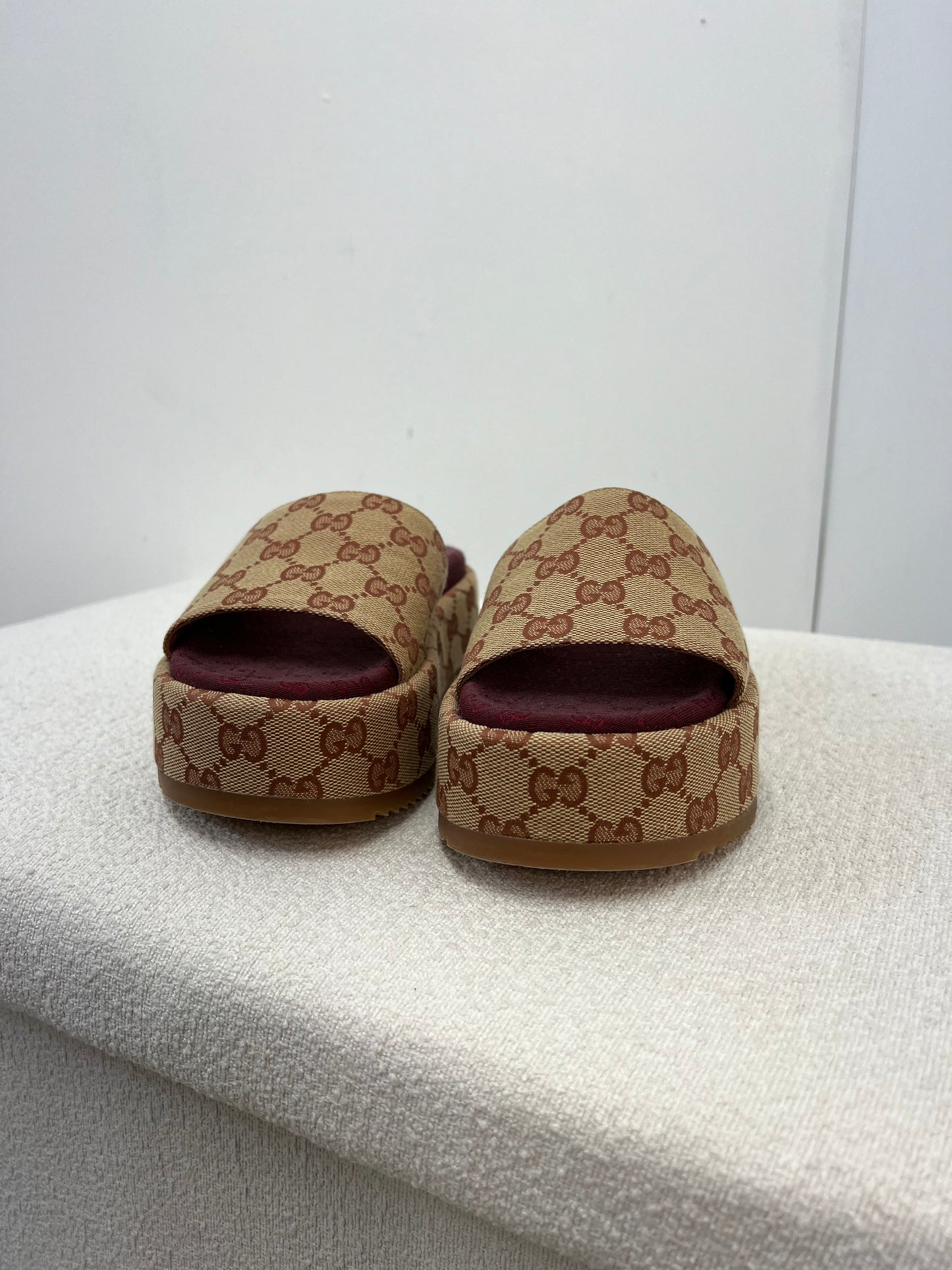 Gucci Platform camel and ebony maxi GG canvas Slide Sandal (Eu 35.5/ UK 2.5) Fits 3