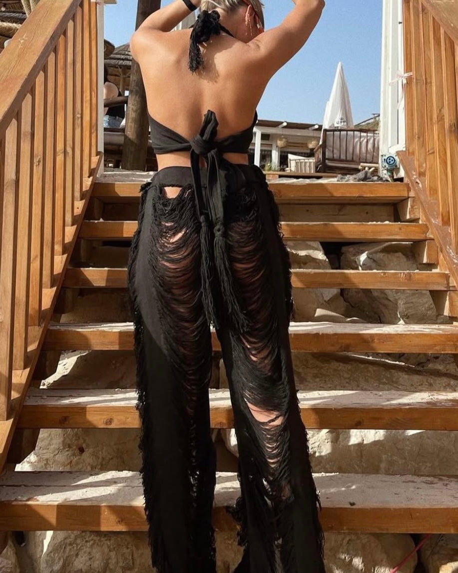 Thrift & Threads distressed pants & bikini style top black - S/M