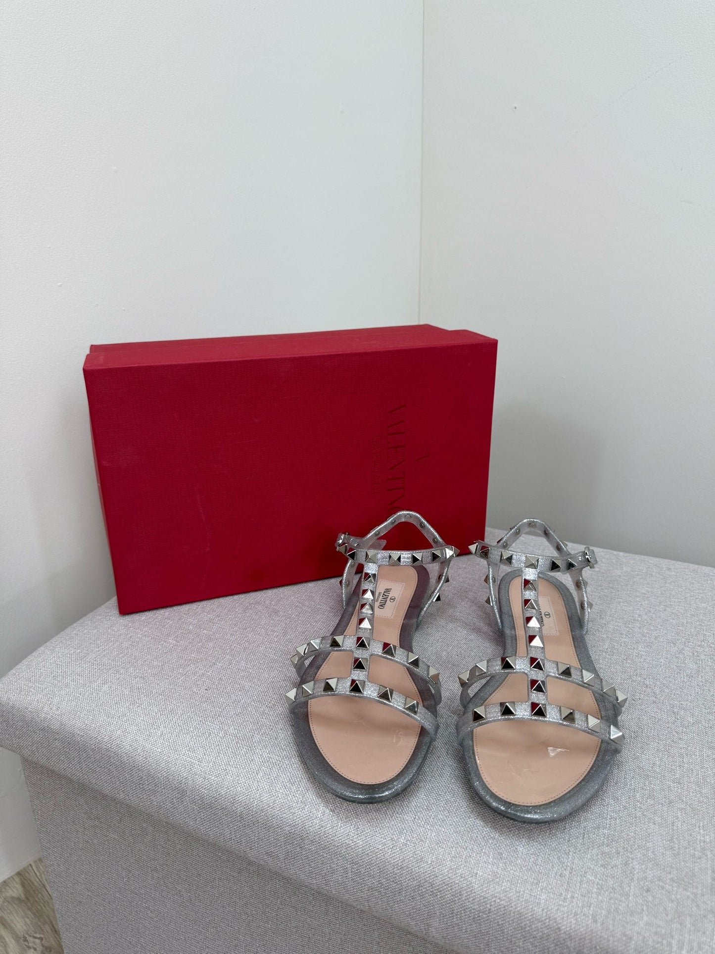 Valentino Argento Silver RockStudd Sandals , Brand New UK 4.5