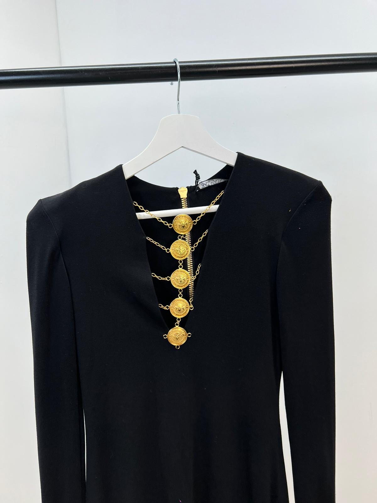 Balmain Black & Gold Detail Low Cut Long Sleeve Dress, Brand New In Tags - UK 8