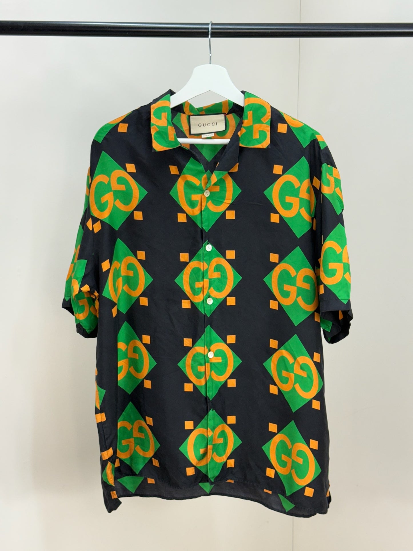 Gucci Black Green Gold GG Silk Shirt - 50