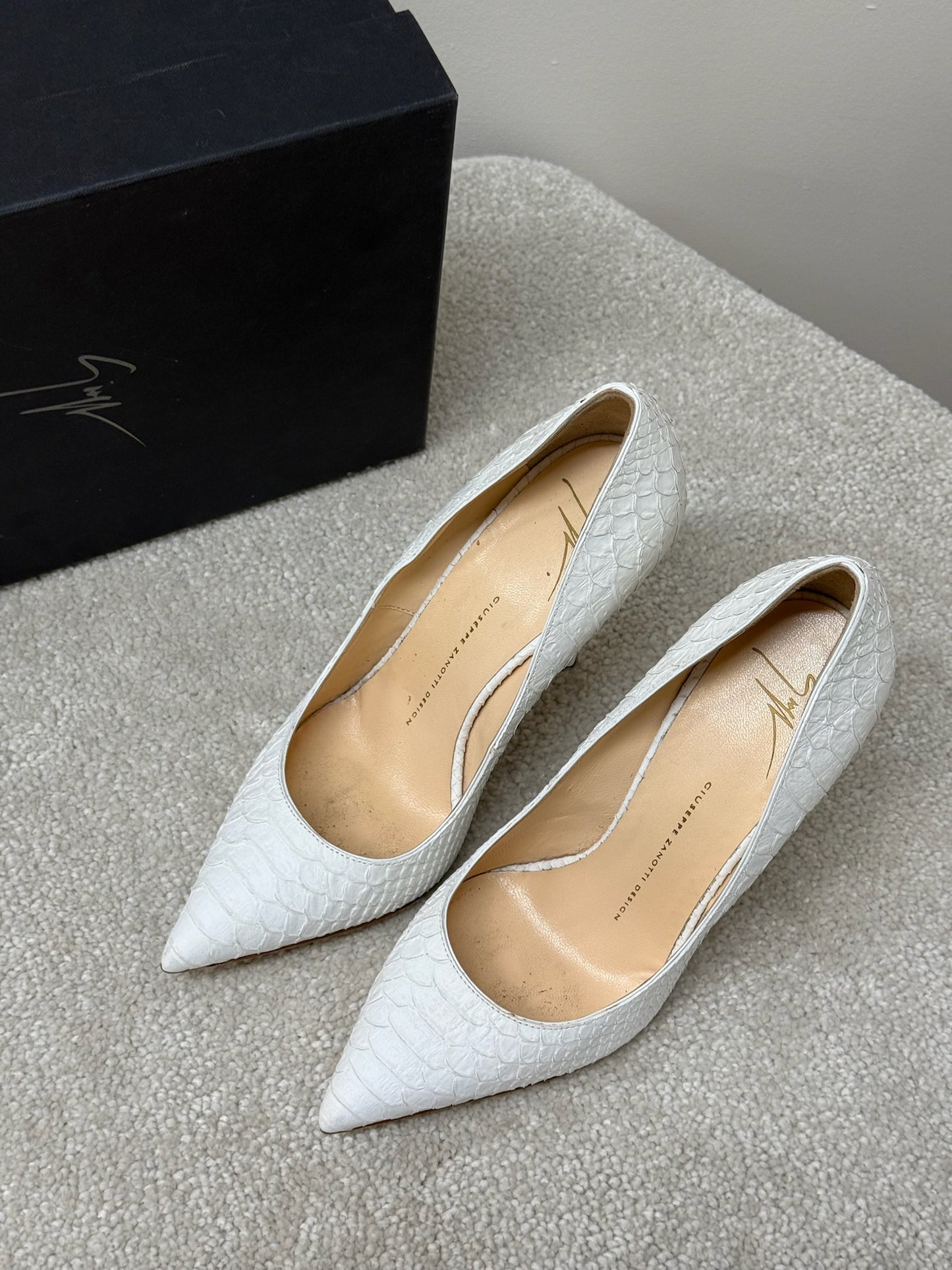 Giuseppe Zanotti White Golia Snake Print Heels- UK6