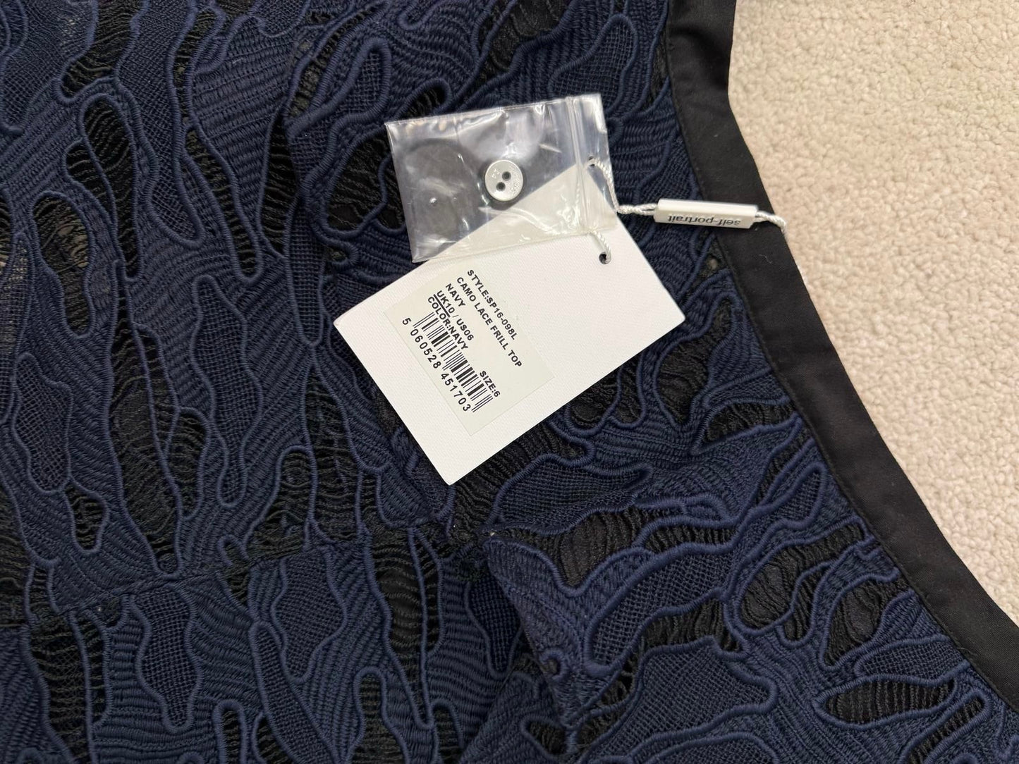 Self Portrait Navy Black Lace Camo Frill Top New In Tags - UK 10