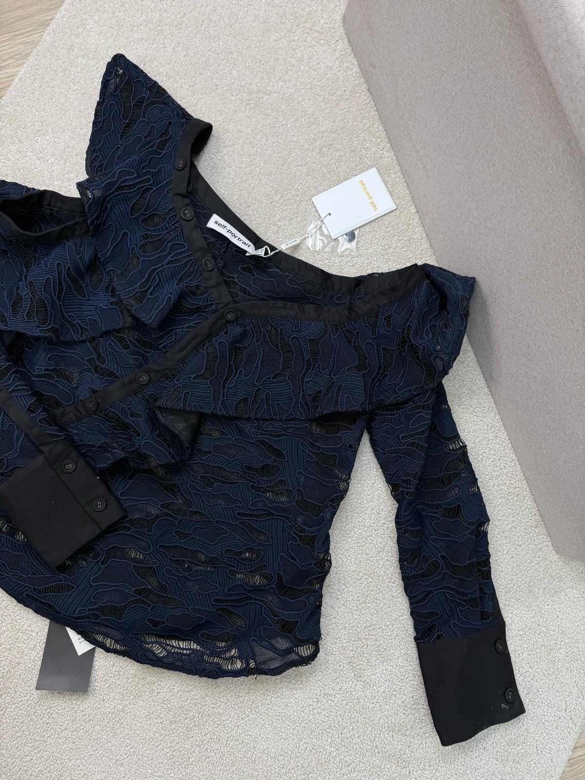 Self Portrait Navy Black Lace Camo Frill Top New In Tags - UK 10