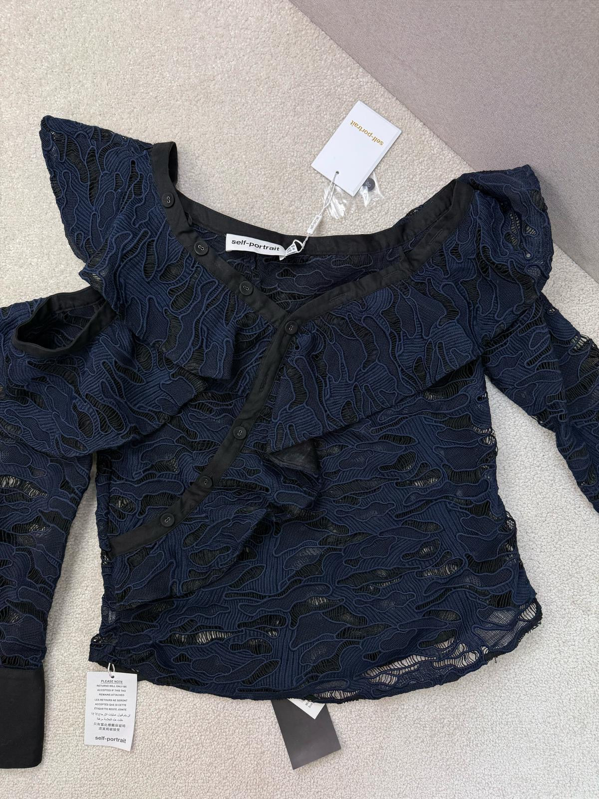 Self Portrait Navy Black Lace Camo Frill Top New In Tags - UK 10