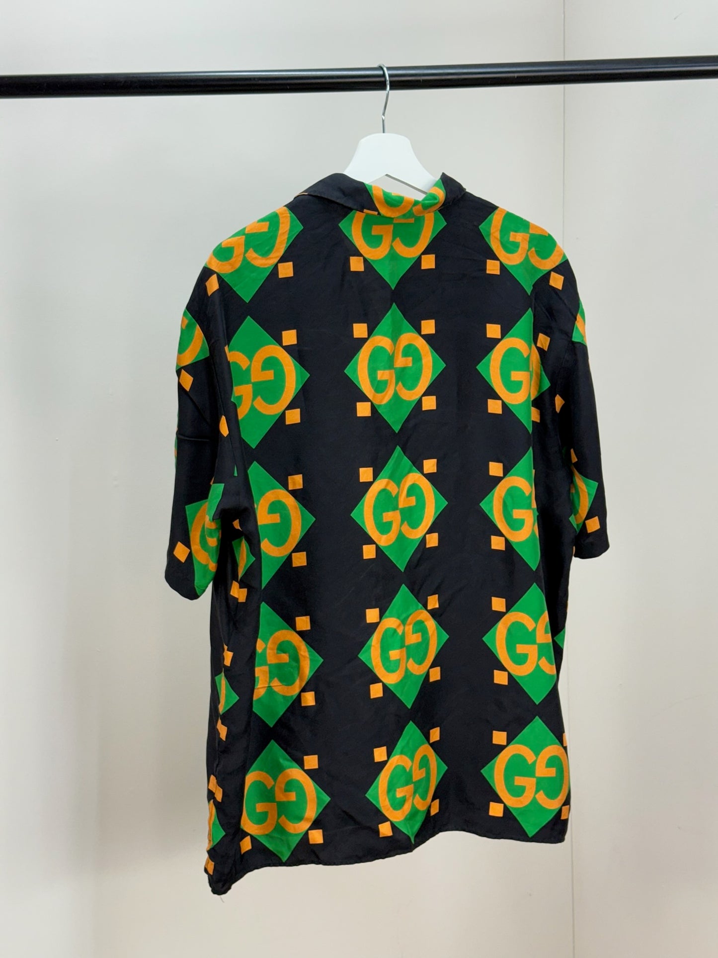 Gucci Black Green Gold GG Silk Shirt - 50