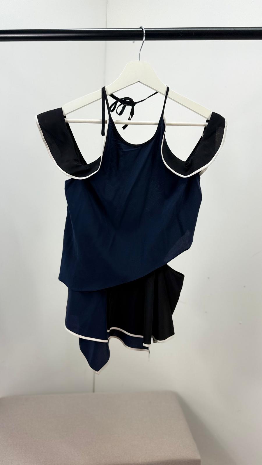 Jonathan Simkhai Black & Navy White Contrast Frill Detail Camisole - UK 8