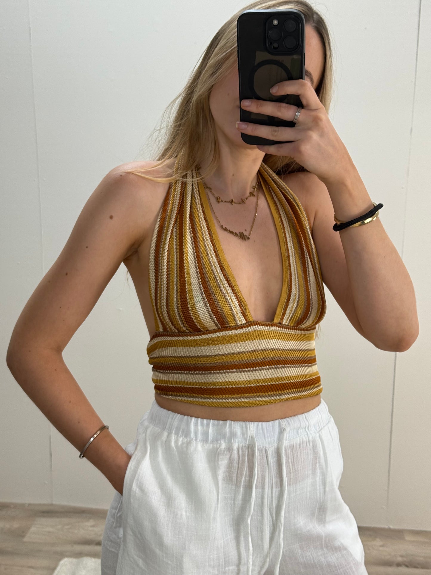 KUKHAREVA Brown Stripe Tie Neck Top , XS