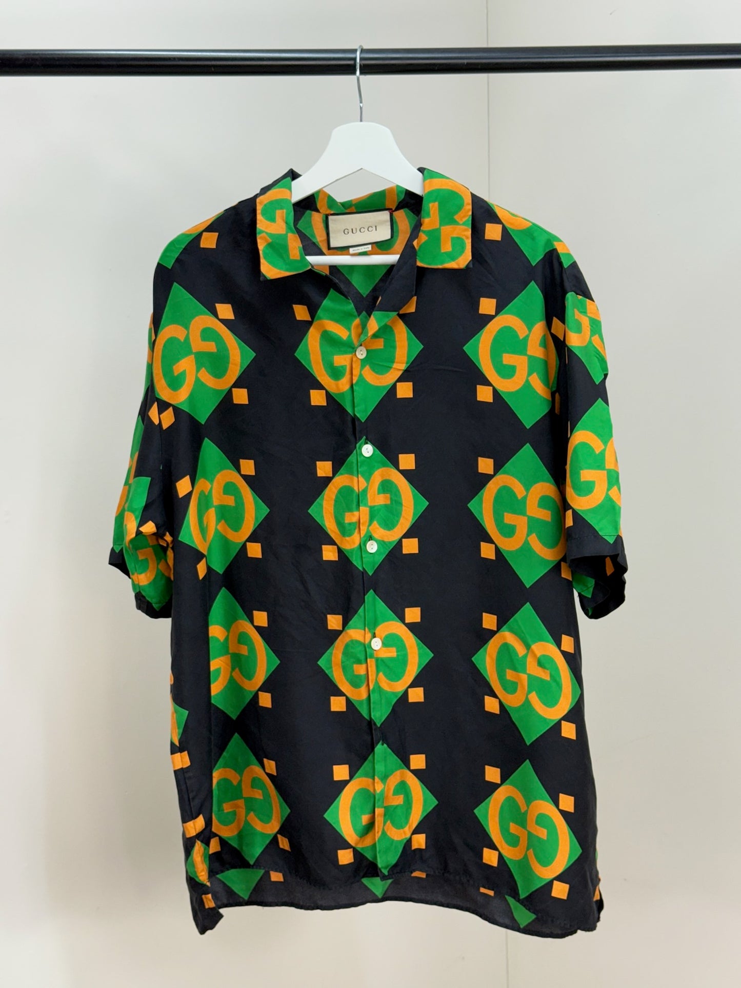 Gucci Black Green Gold GG Silk Shirt - 50